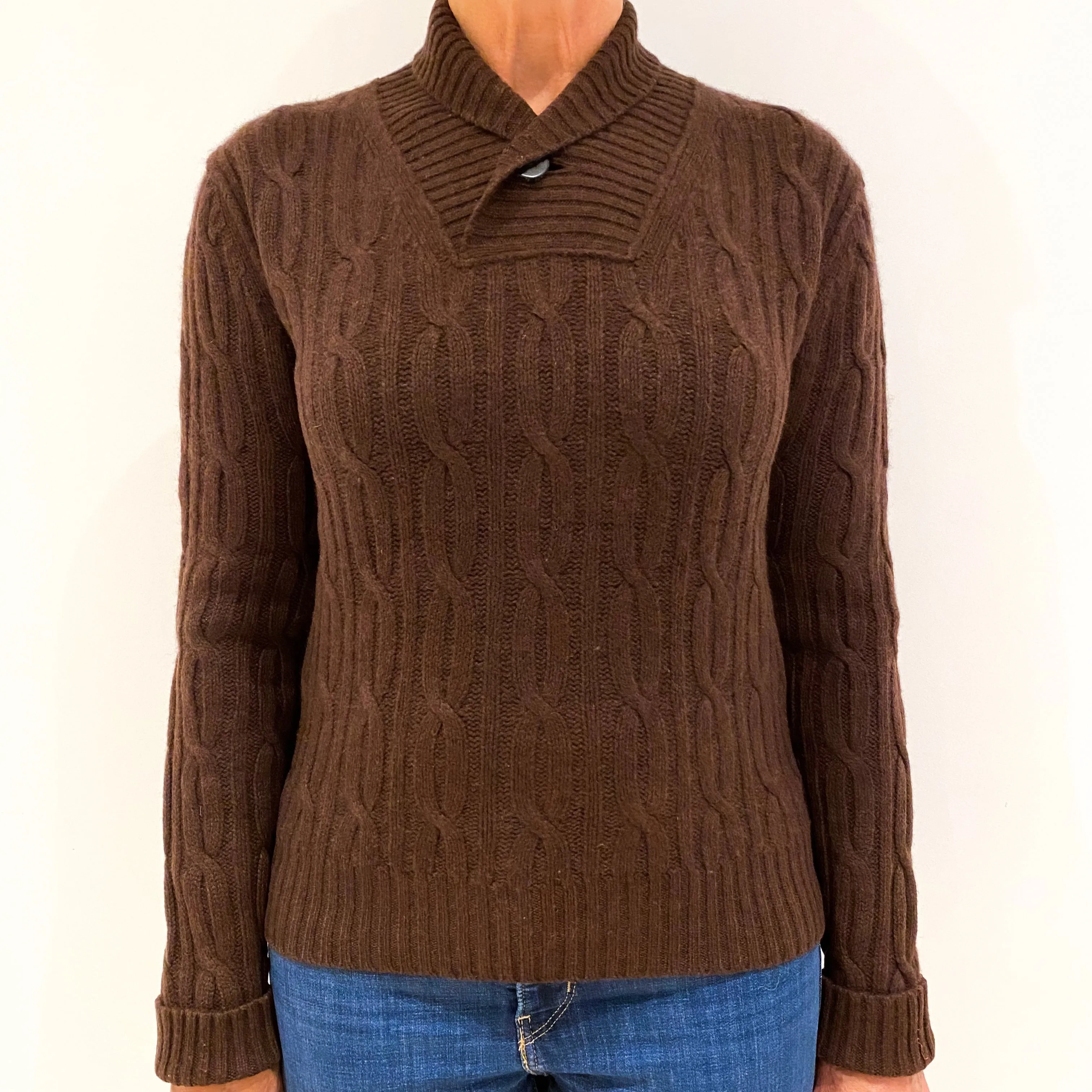 Chocolate Brown Cable Knit Cashmere Shawl Collar Jumper Medium