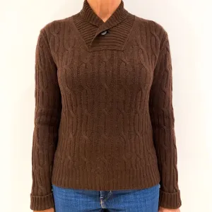 Chocolate Brown Cable Knit Cashmere Shawl Collar Jumper Medium