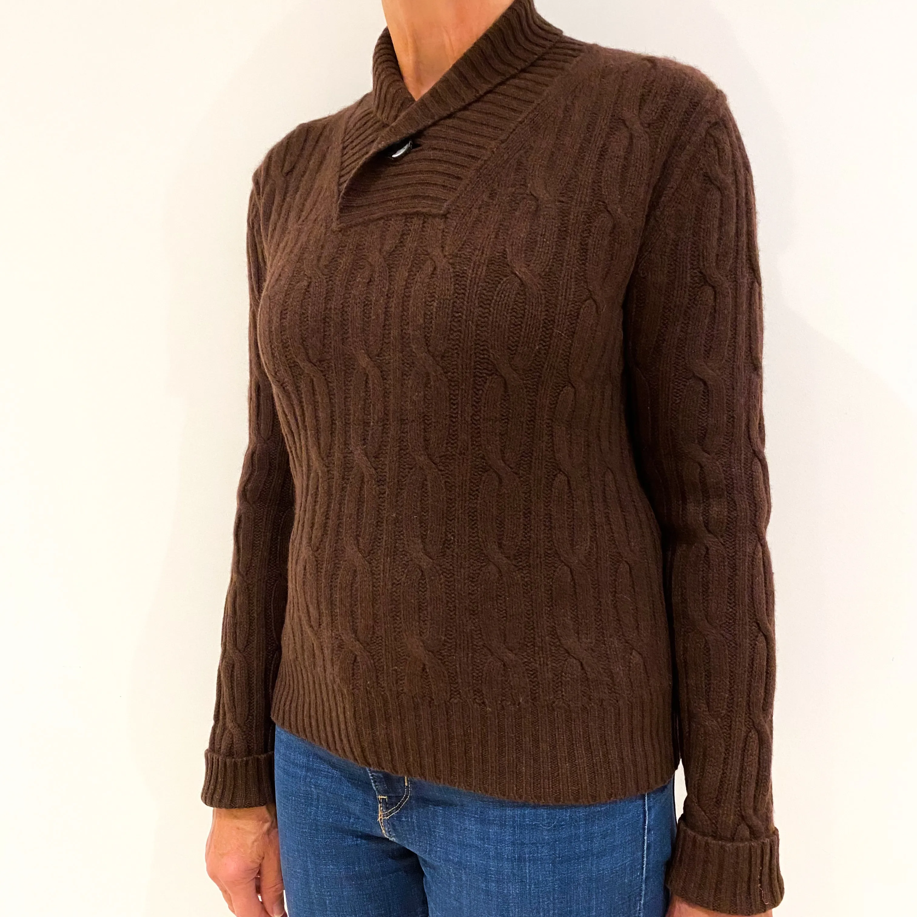 Chocolate Brown Cable Knit Cashmere Shawl Collar Jumper Medium