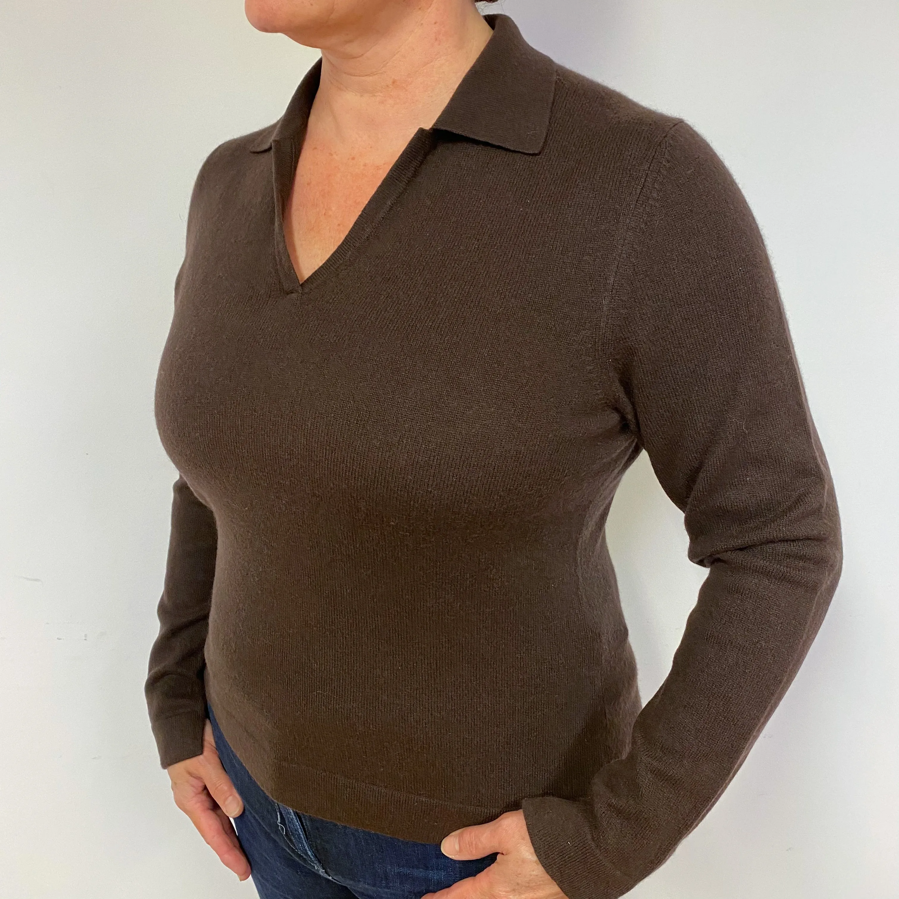Chocolate Brown Cashmere V-Neck Jumper Large.
