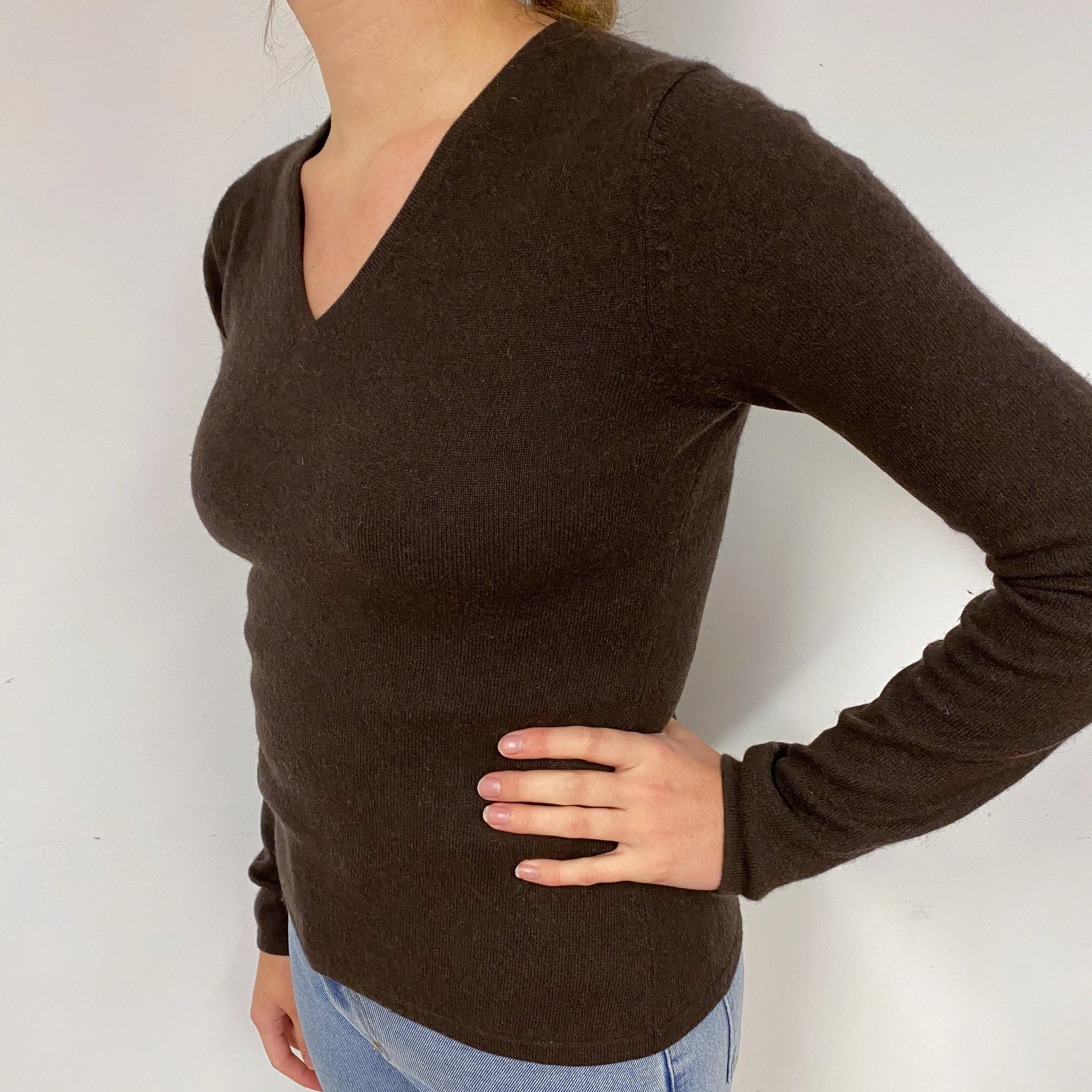 Chocolate Brown Cashmere V-Neck Jumper Small