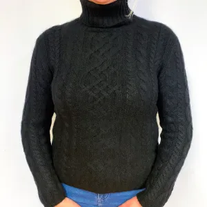 Chunky Black Cable Cashmere Polo Neck Jumper Large