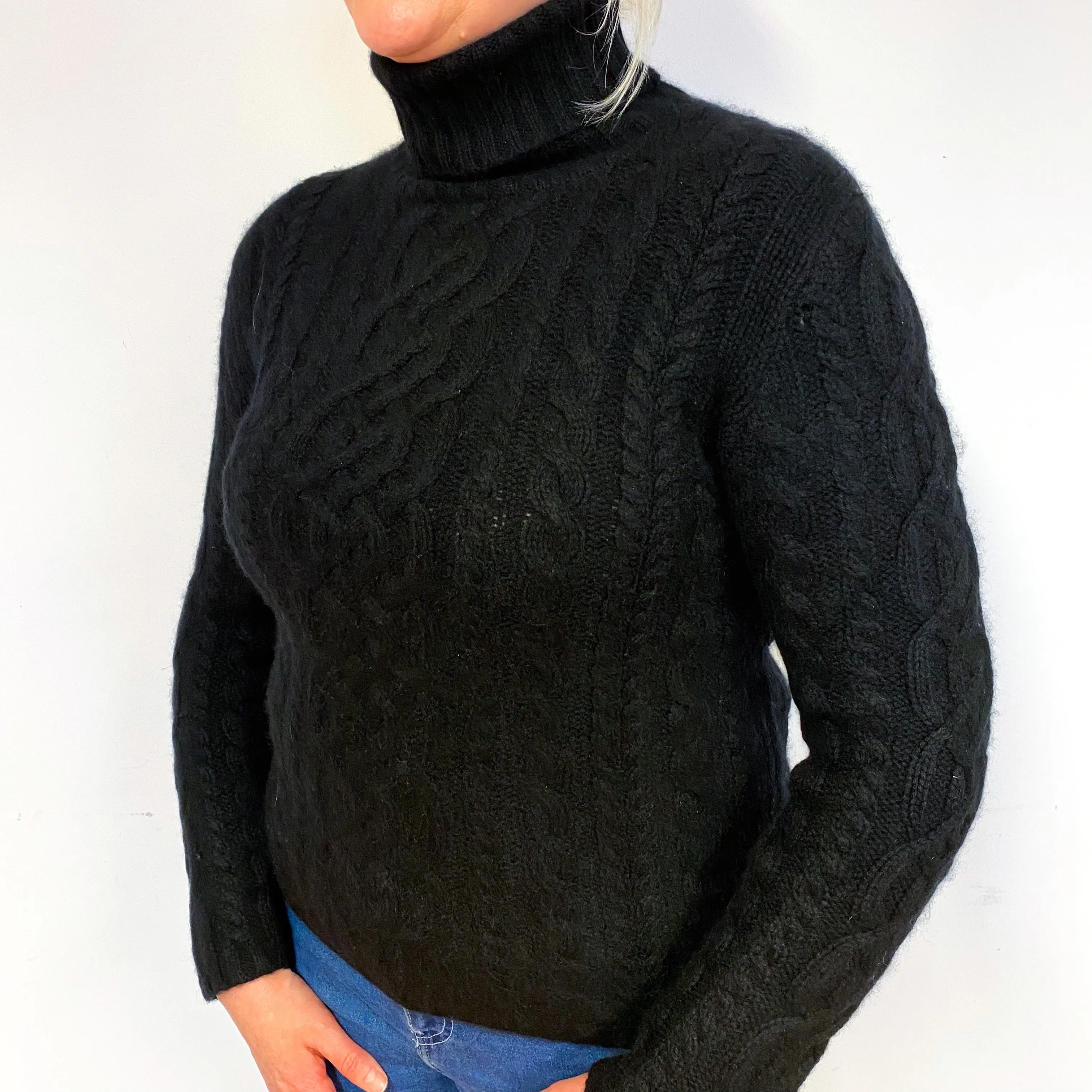 Chunky Black Cable Cashmere Polo Neck Jumper Large
