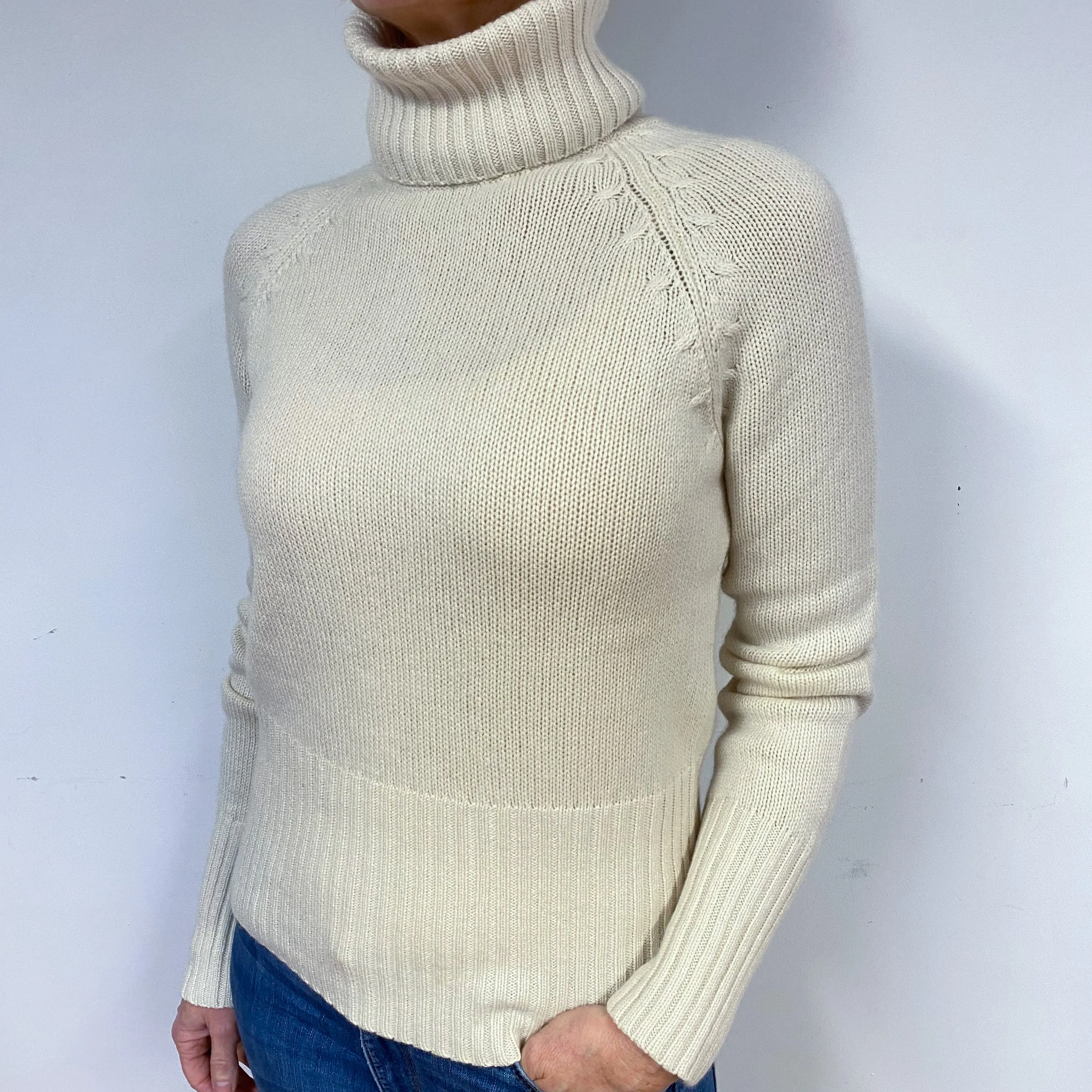 Chunky Cream Cashmere Polo Neck Jumper Medium
