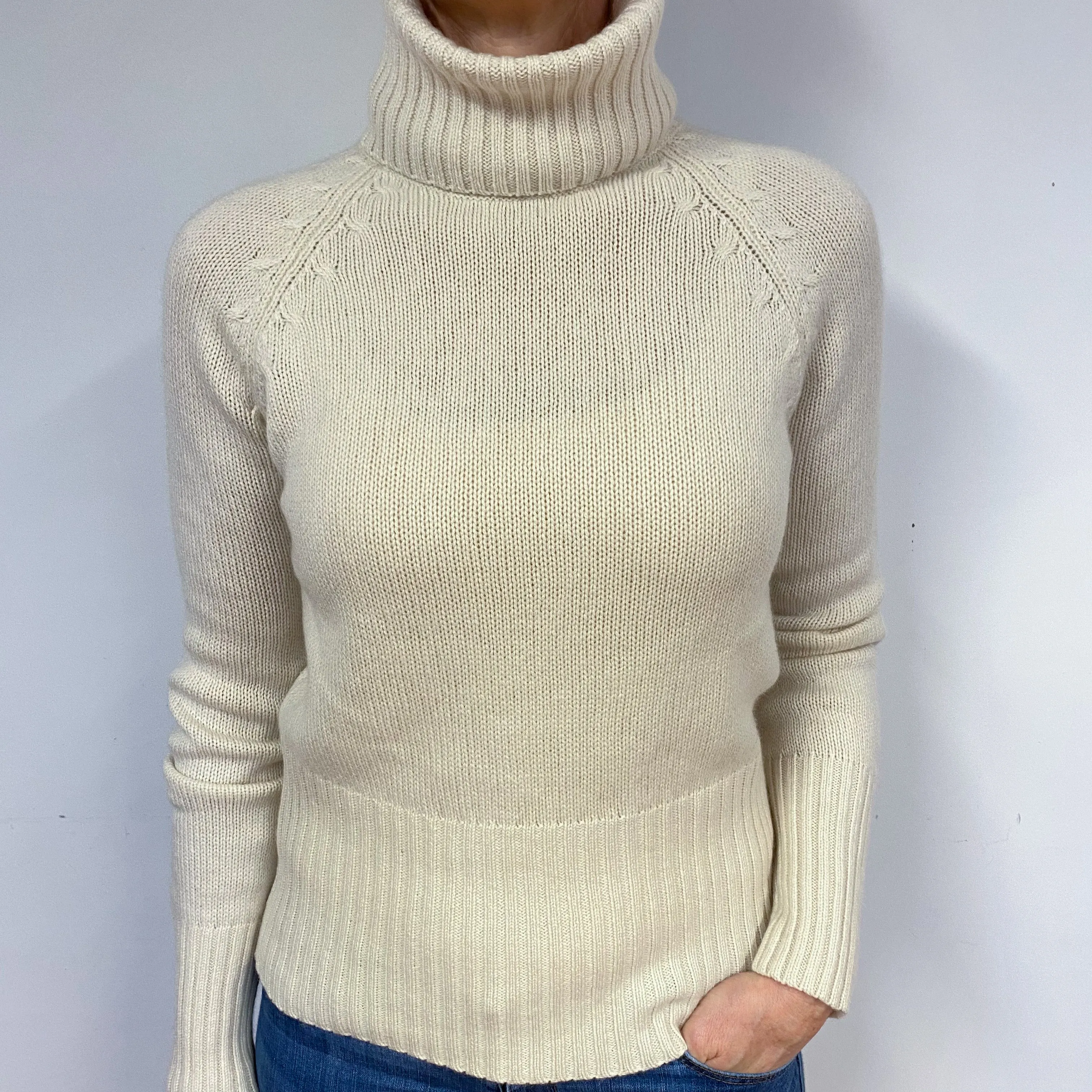 Chunky Cream Cashmere Polo Neck Jumper Medium