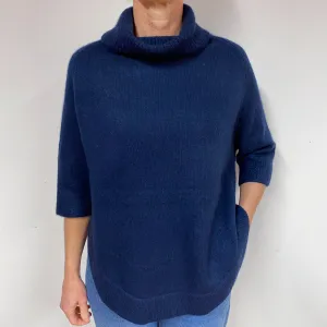 Chunky Navy Blue Cashmere Polo Neck Jumper Medium