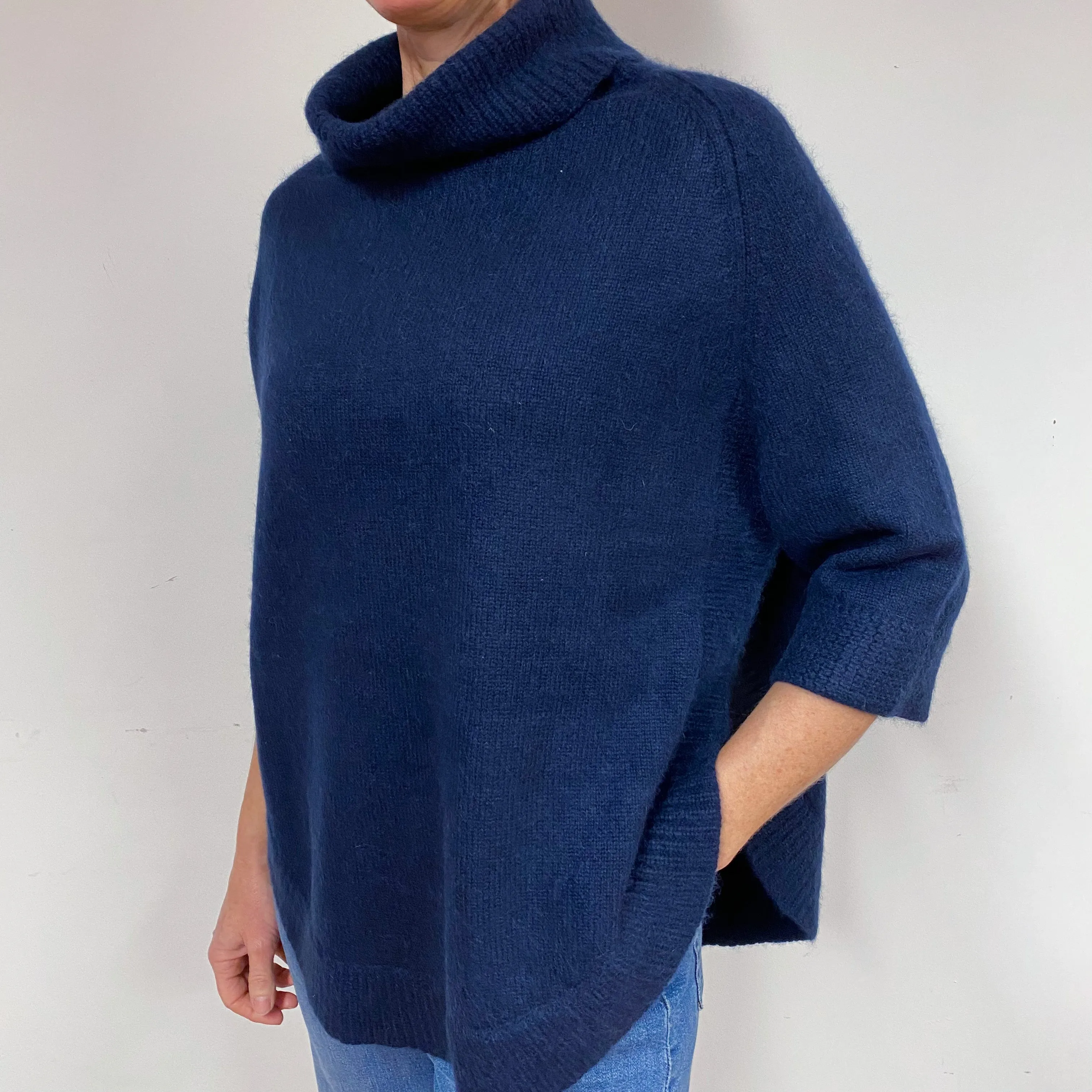 Chunky Navy Blue Cashmere Polo Neck Jumper Medium