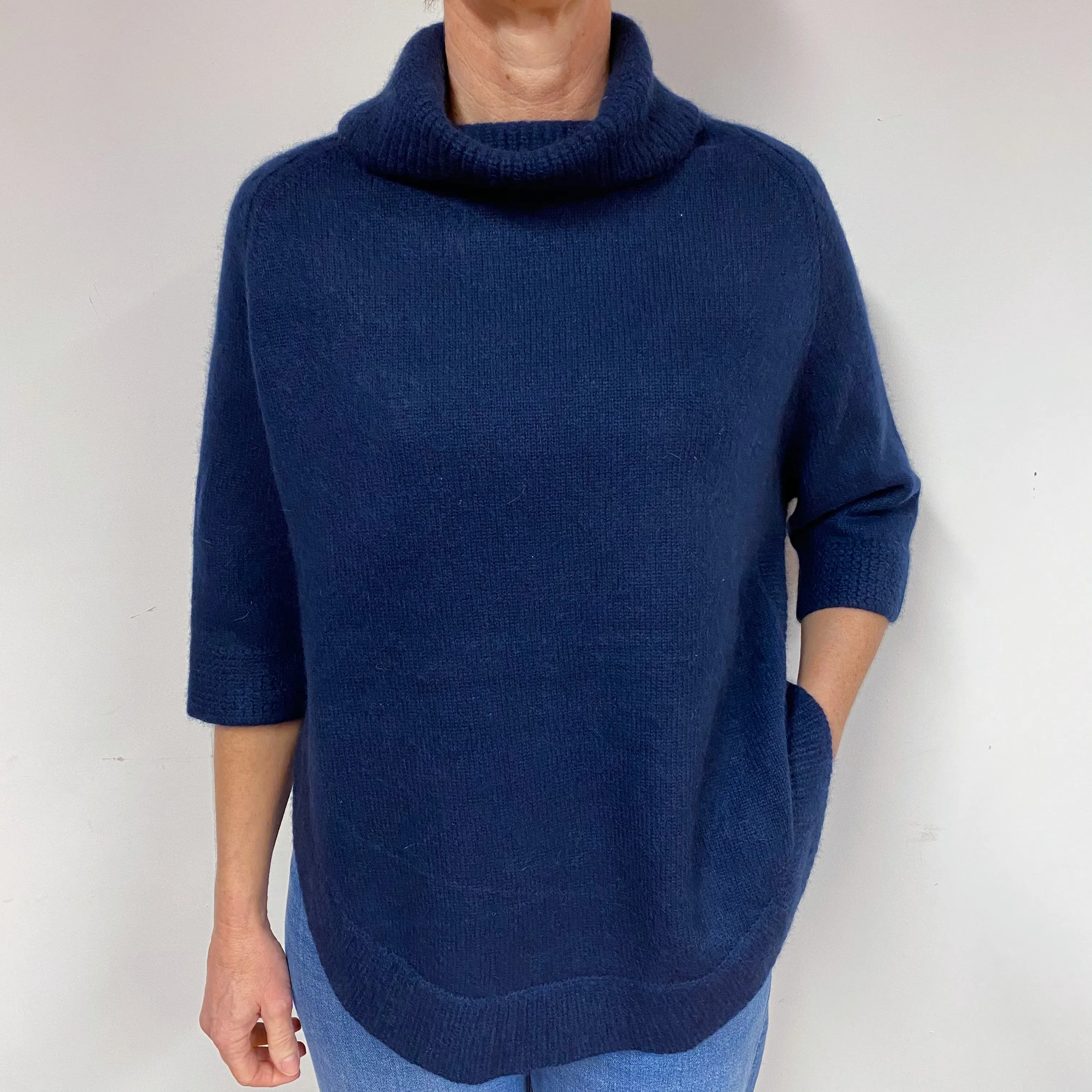 Chunky Navy Blue Cashmere Polo Neck Jumper Medium