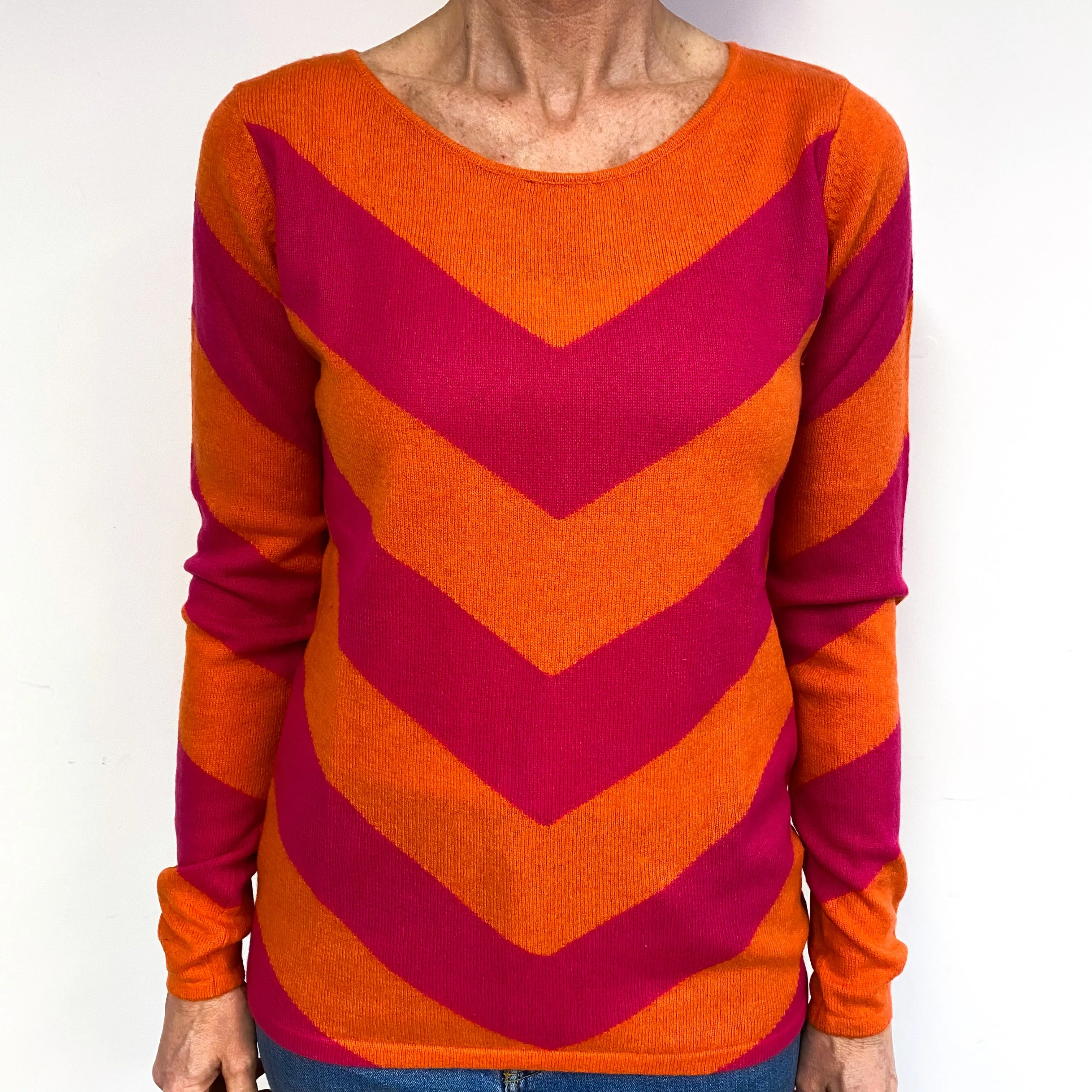 Clementine Orange And Fuchsia Pink Cashmere Crew Neck Jumper Medium