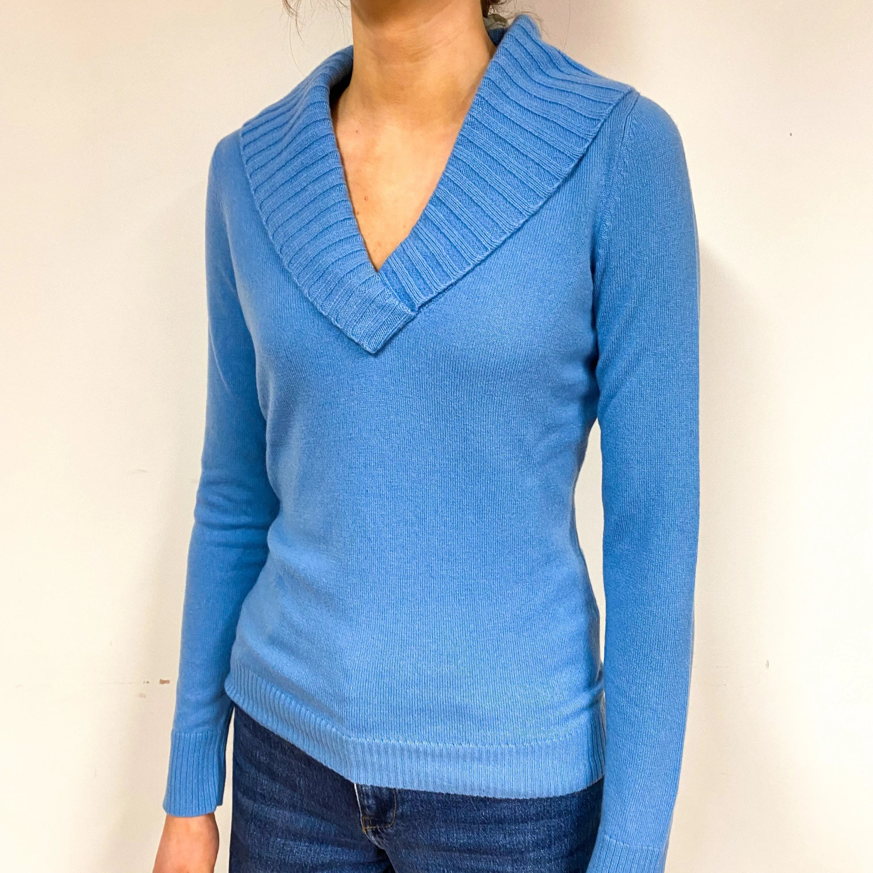 Cornflower Blue Cashmere V-Neck Jumper Extra Small