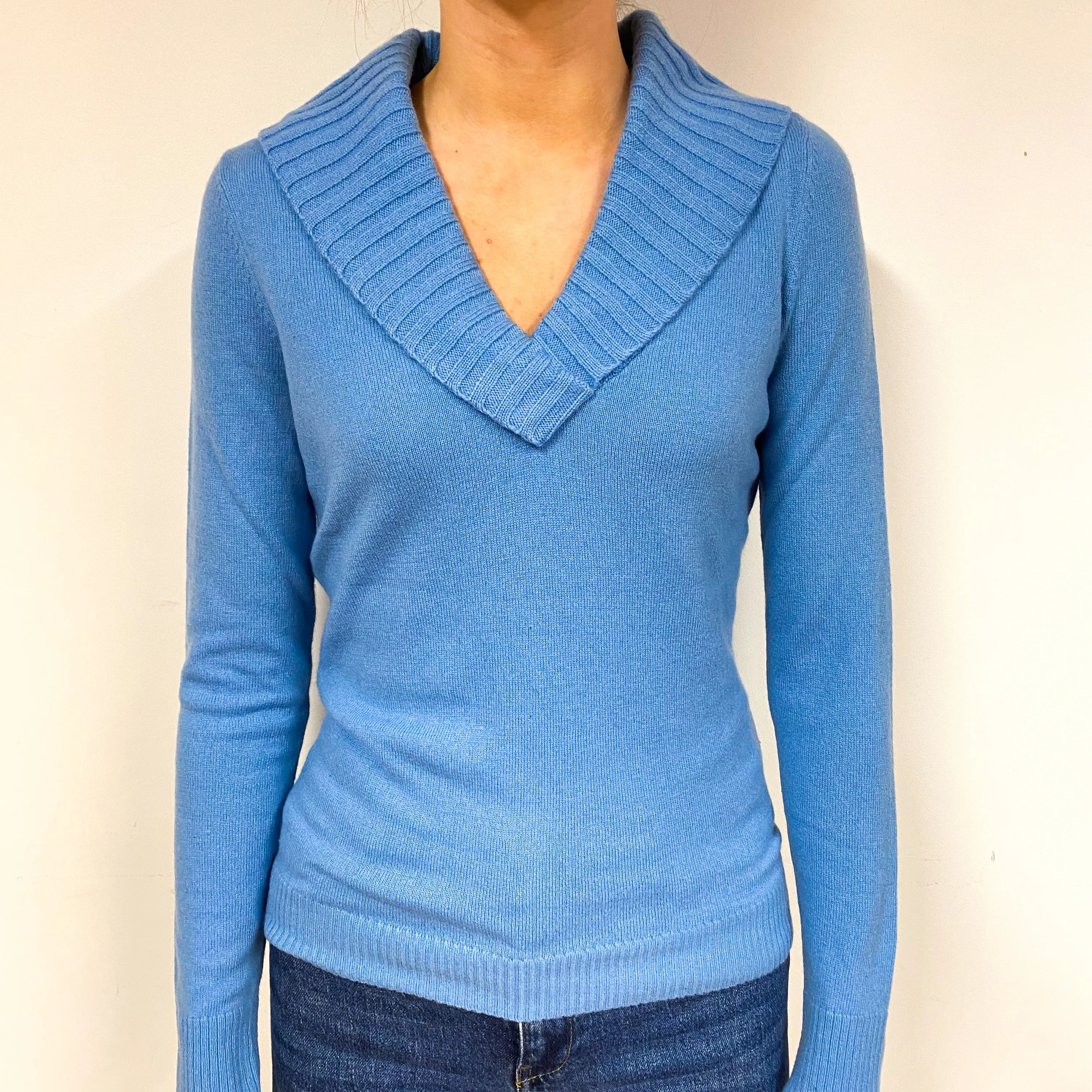Cornflower Blue Cashmere V-Neck Jumper Extra Small