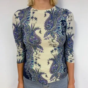 Cream Blue Paisley Cashmere Crew Neck Jumper Small