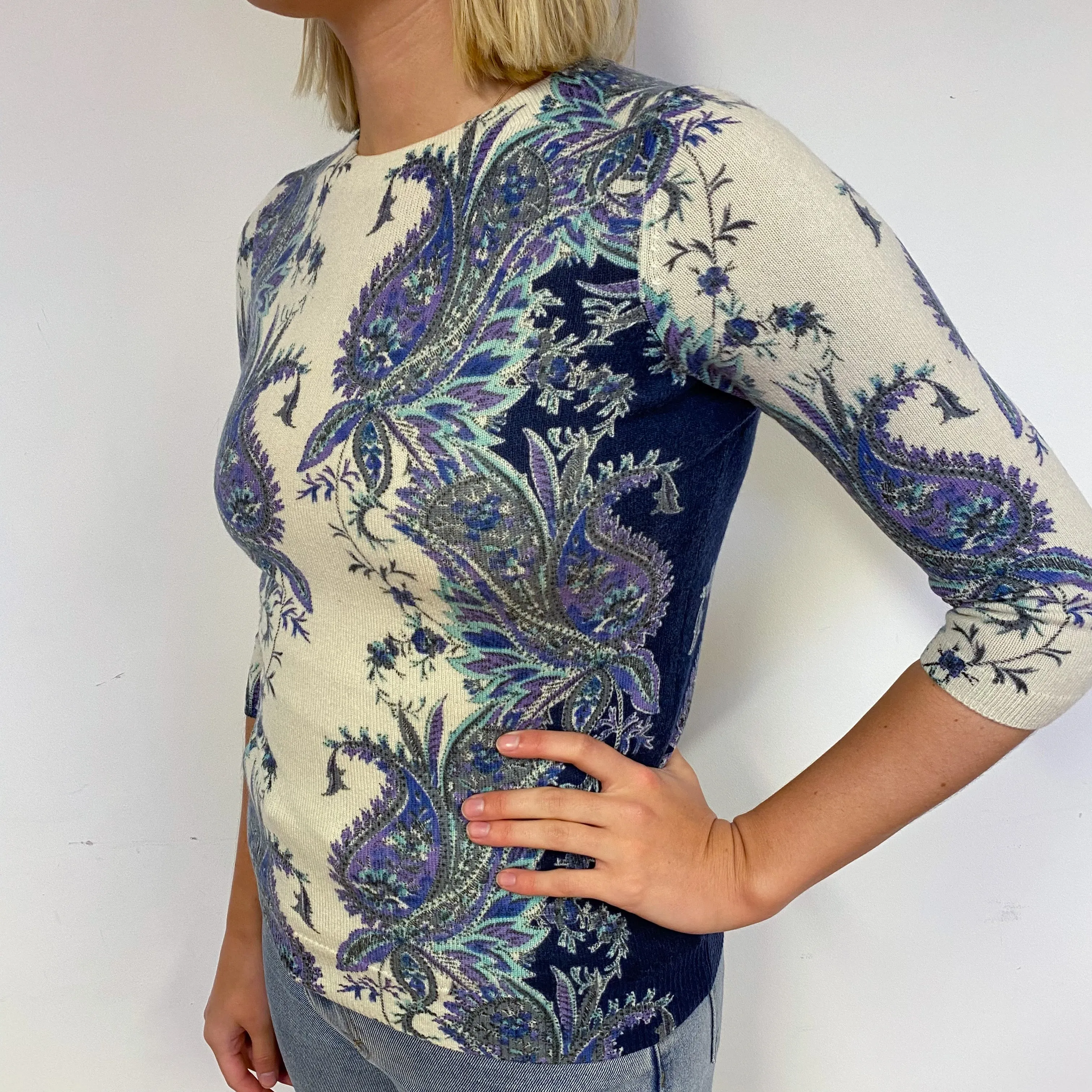 Cream Blue Paisley Cashmere Crew Neck Jumper Small