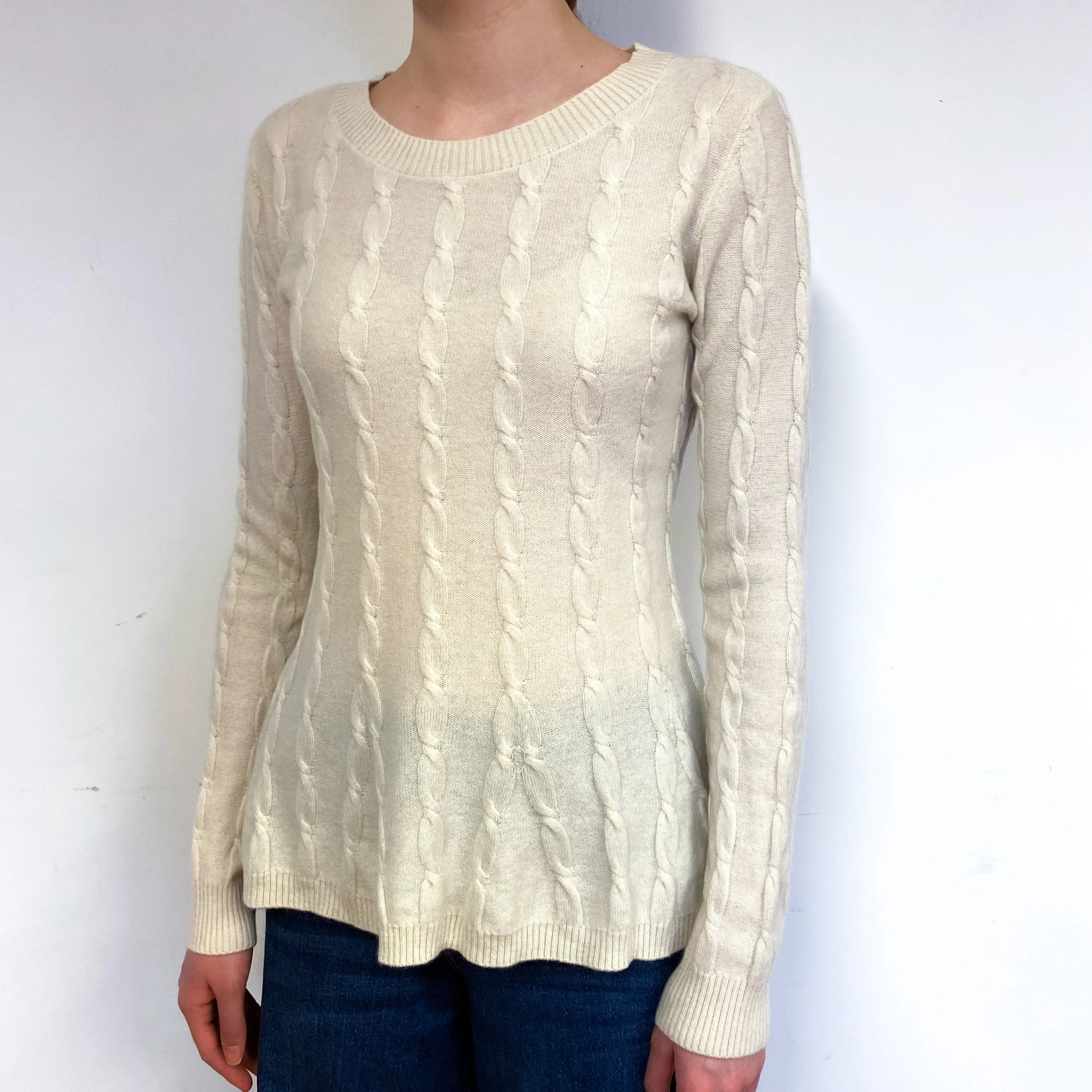 Cream Cable Flared Cashmere Crew Neck Jumper Extra Small