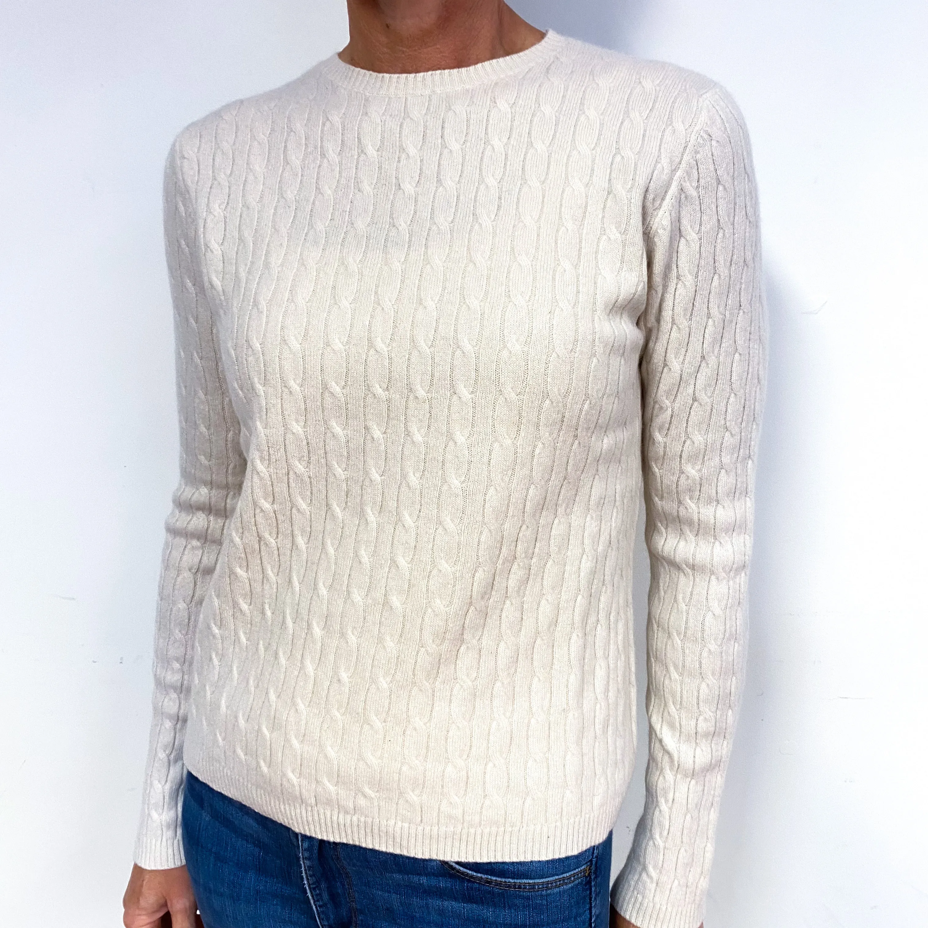 Cream Cable Knit Cashmere Crew Neck Jumper Medium
