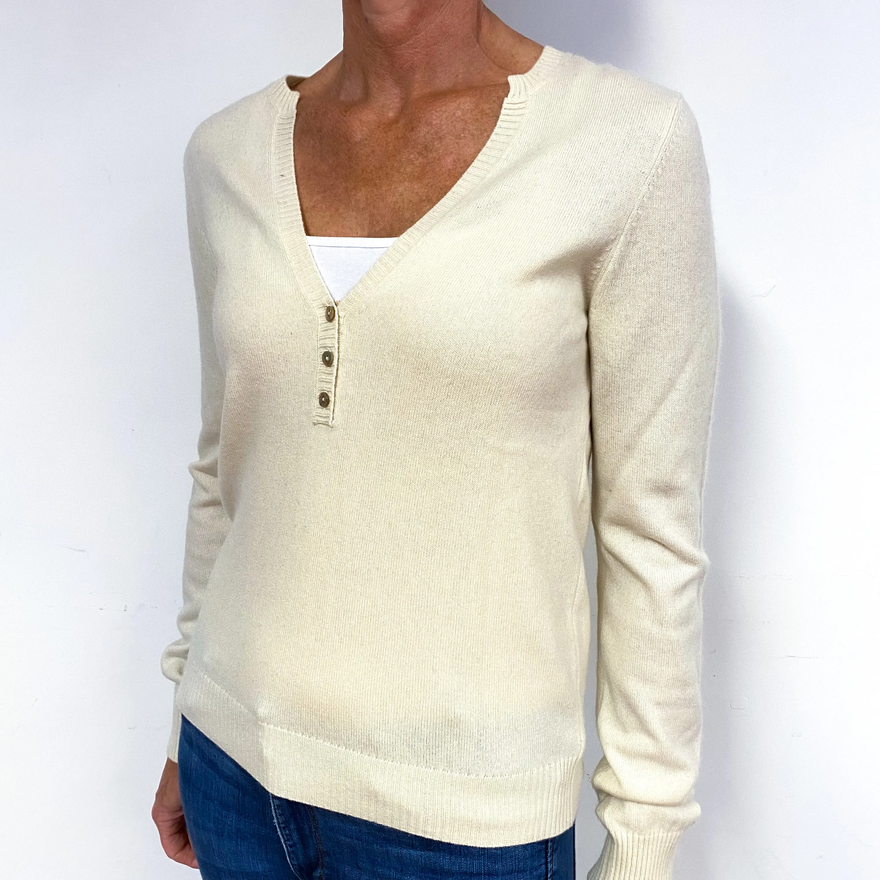 Cream Cashmere Buttoned V-Neck Jumper Medium