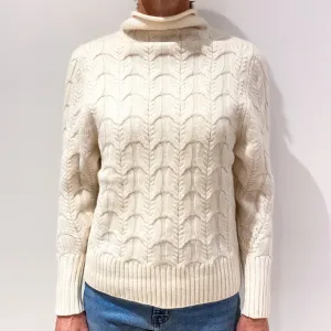 Cream Chunk Cable Knit Cashmere Polo Neck Jumper Small