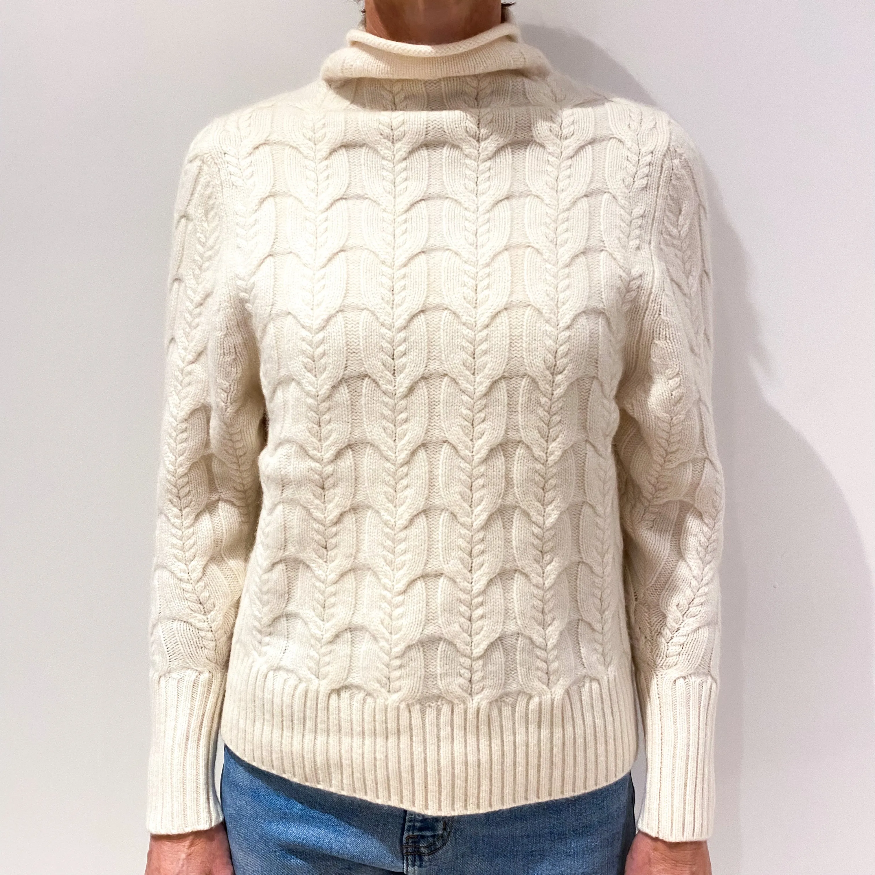 Cream Chunk Cable Knit Cashmere Polo Neck Jumper Small