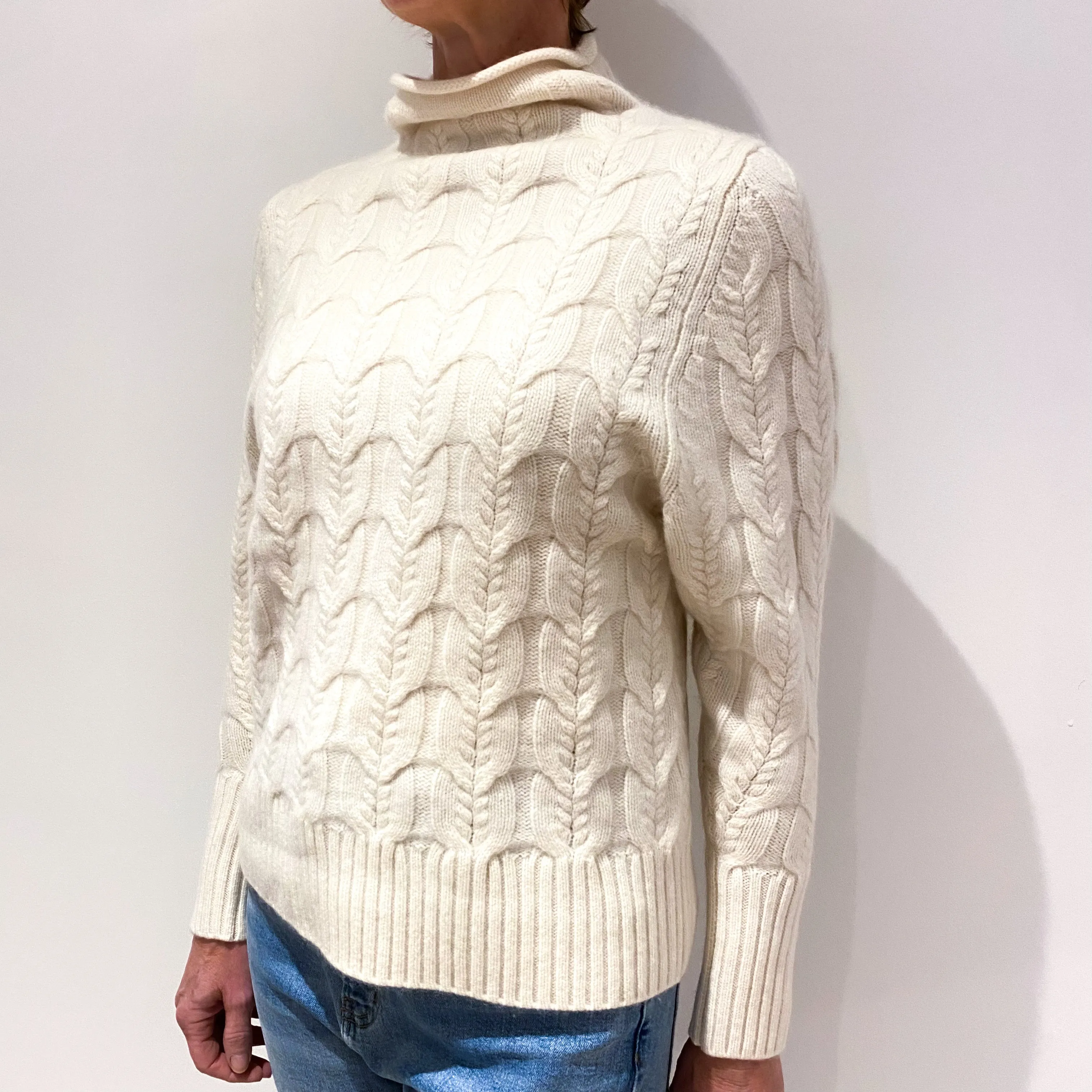 Cream Chunk Cable Knit Cashmere Polo Neck Jumper Small
