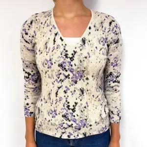 Cream Purple Splatter Cashmere V-Neck Jumper Small