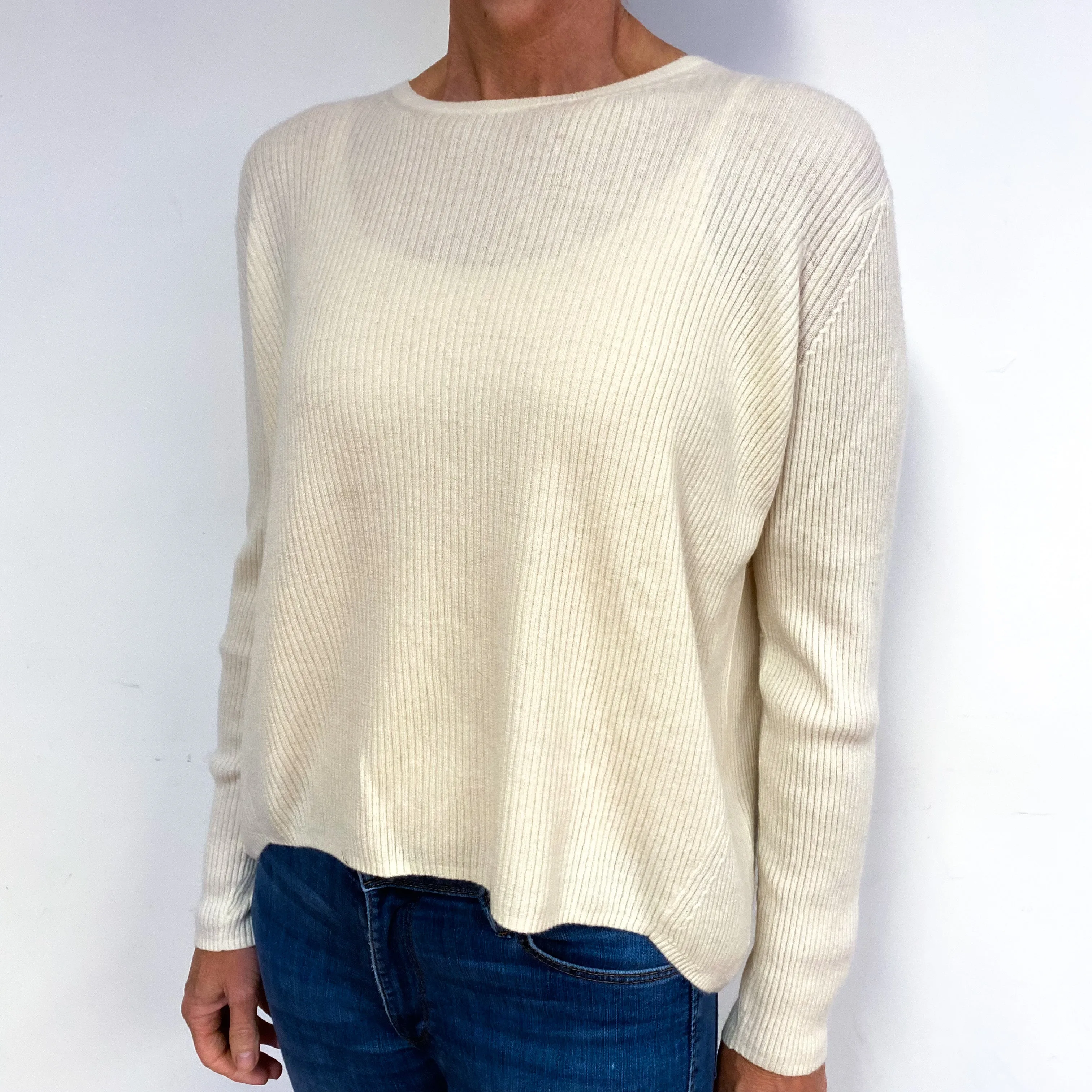 Cream Ribbed Heavy Knit Cashmere Crew Neck Jumper Medium