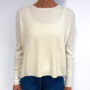 Cream Ribbed Heavy Knit Cashmere Crew Neck Jumper Medium