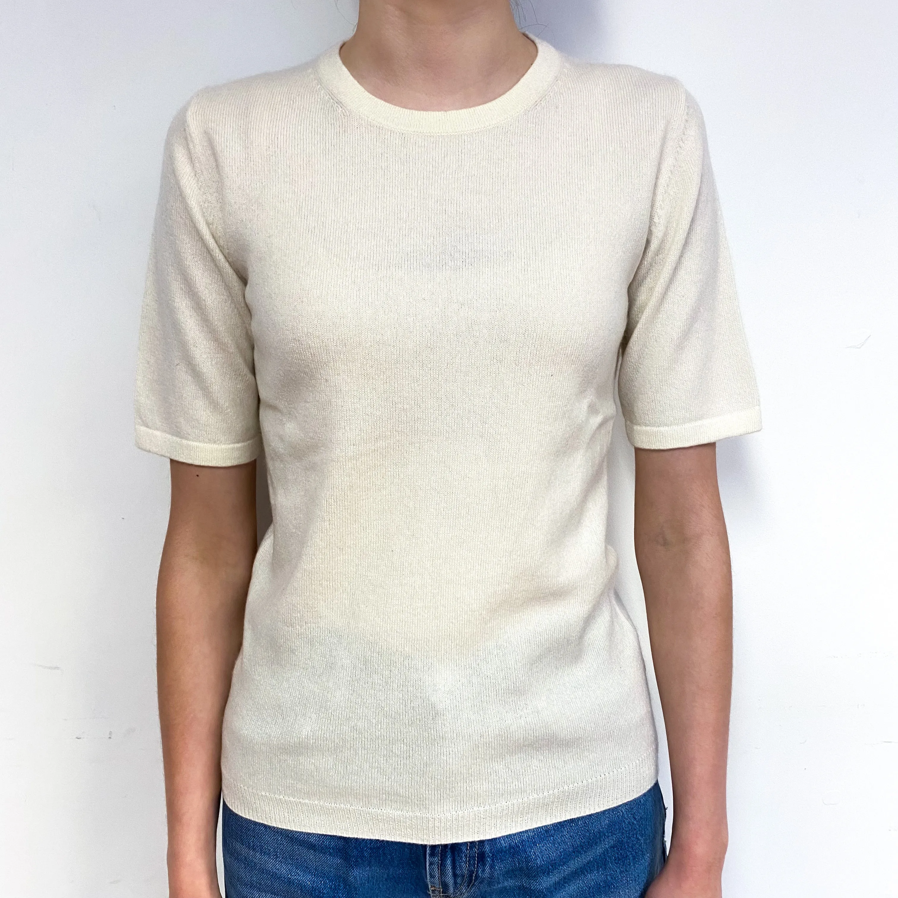 Cream Short Sleeve Cashmere Crew Neck Jumper Extra Small