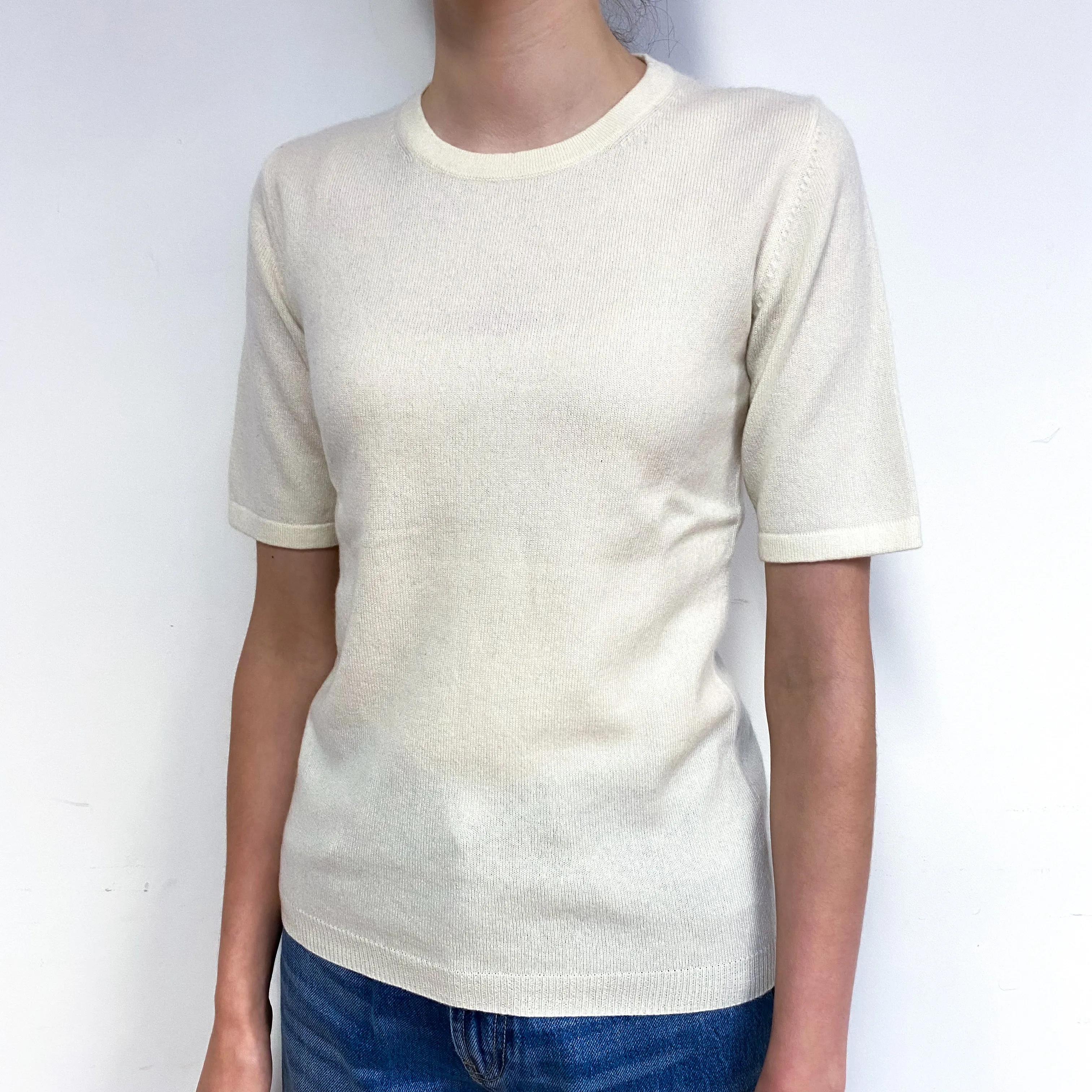 Cream Short Sleeve Cashmere Crew Neck Jumper Extra Small