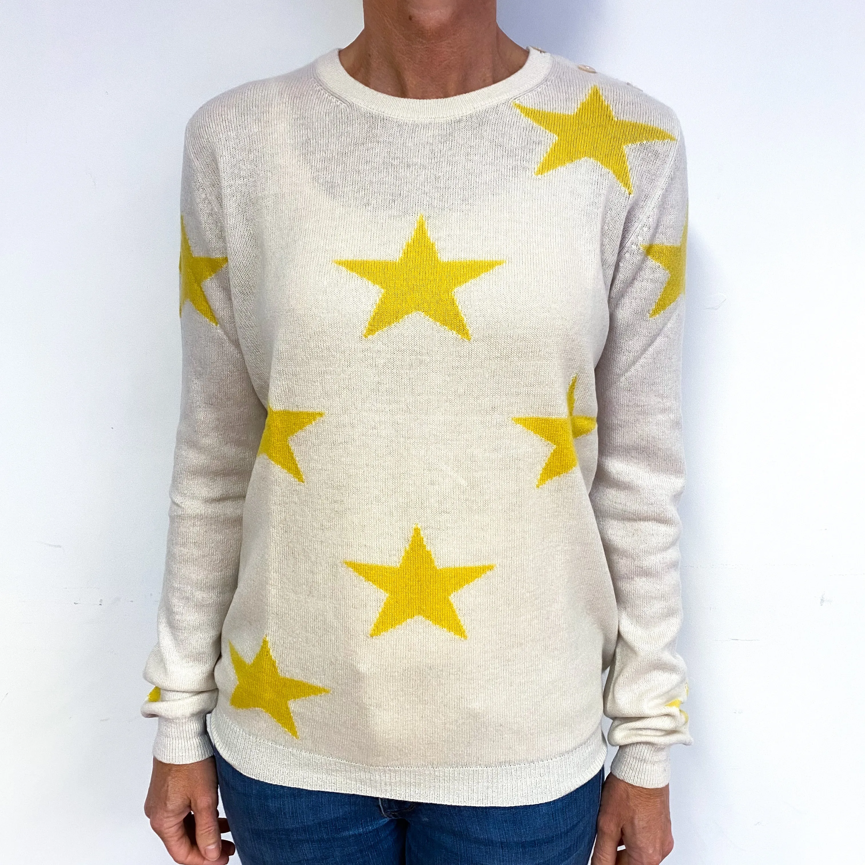 Cream with Yellow Stars Cashmere Crew Neck Jumper Medium