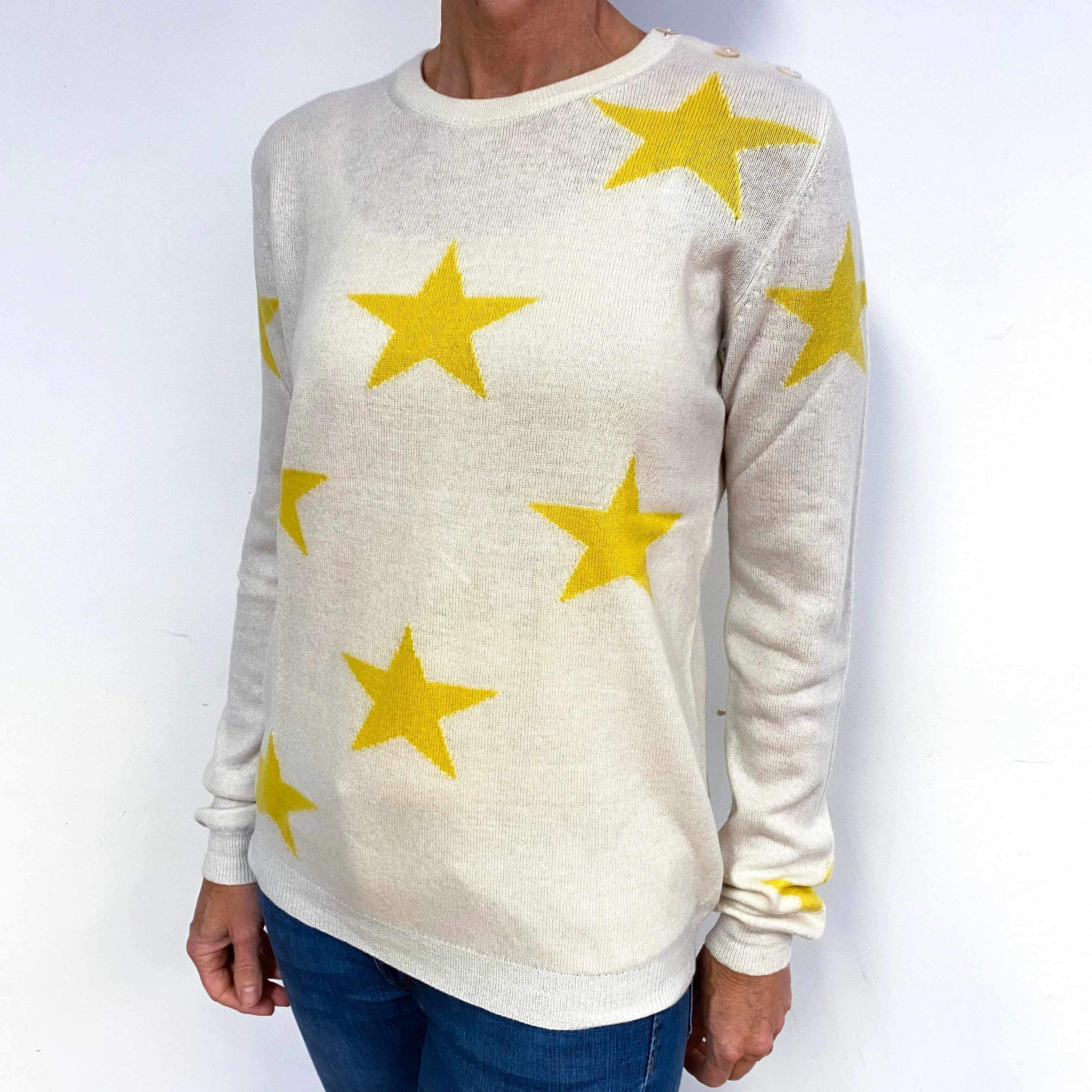 Cream with Yellow Stars Cashmere Crew Neck Jumper Medium