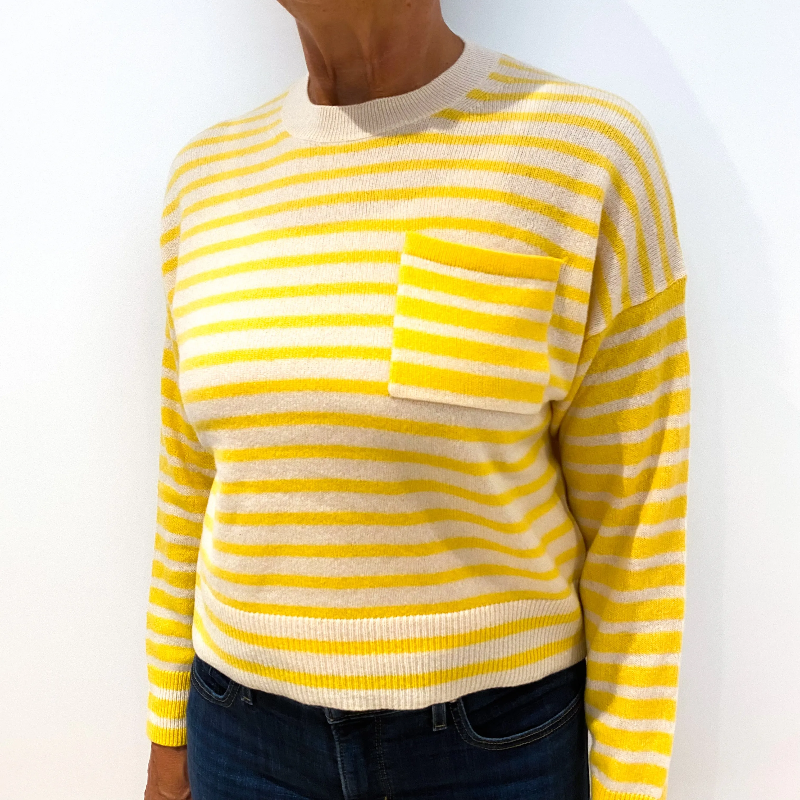 Cream Yellow Striped Boxy Cashmere Crew Neck Jumper Medium