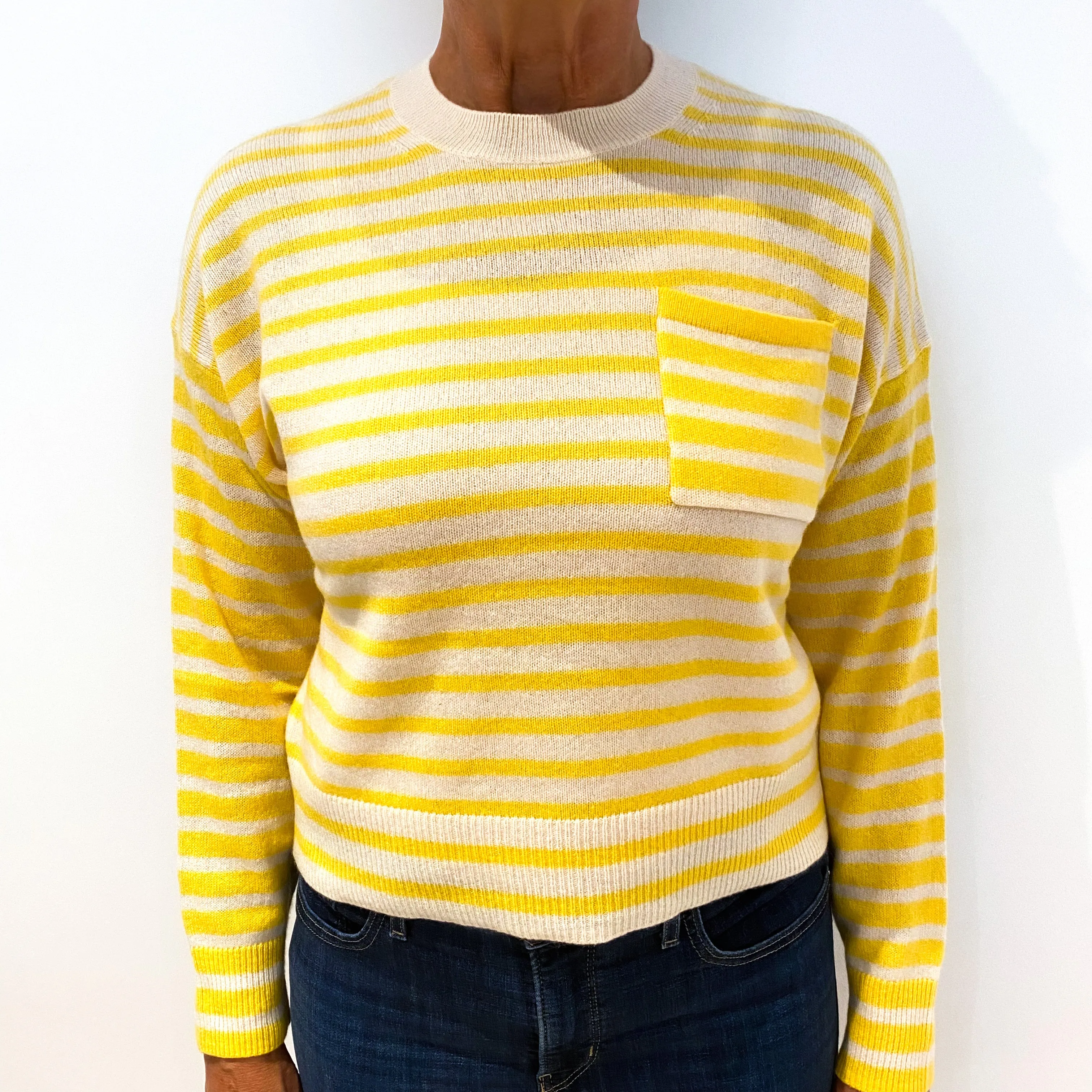 Cream Yellow Striped Boxy Cashmere Crew Neck Jumper Medium
