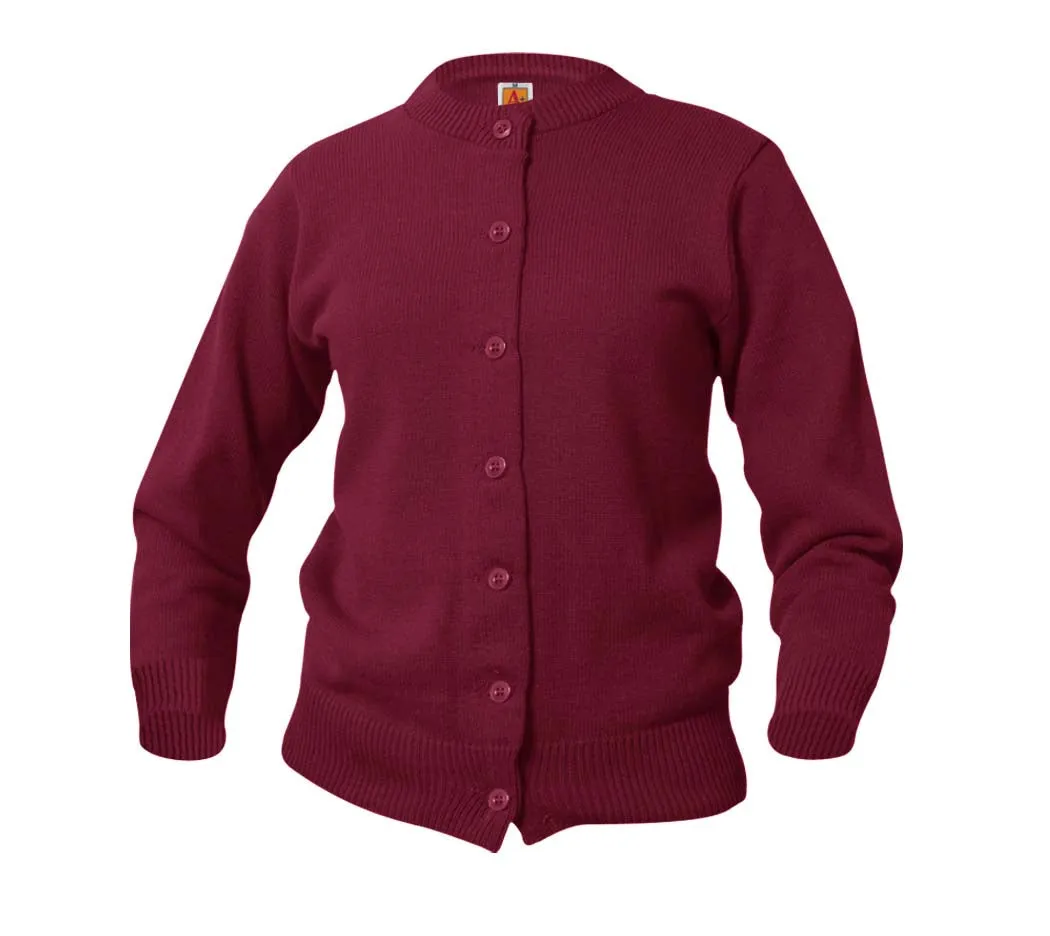 Crewneck Cardigan - w/ School Logo - Maroon