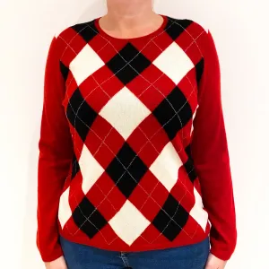 Crimson Red and Grey Argyle Cashmere Crew Neck Jumper Large