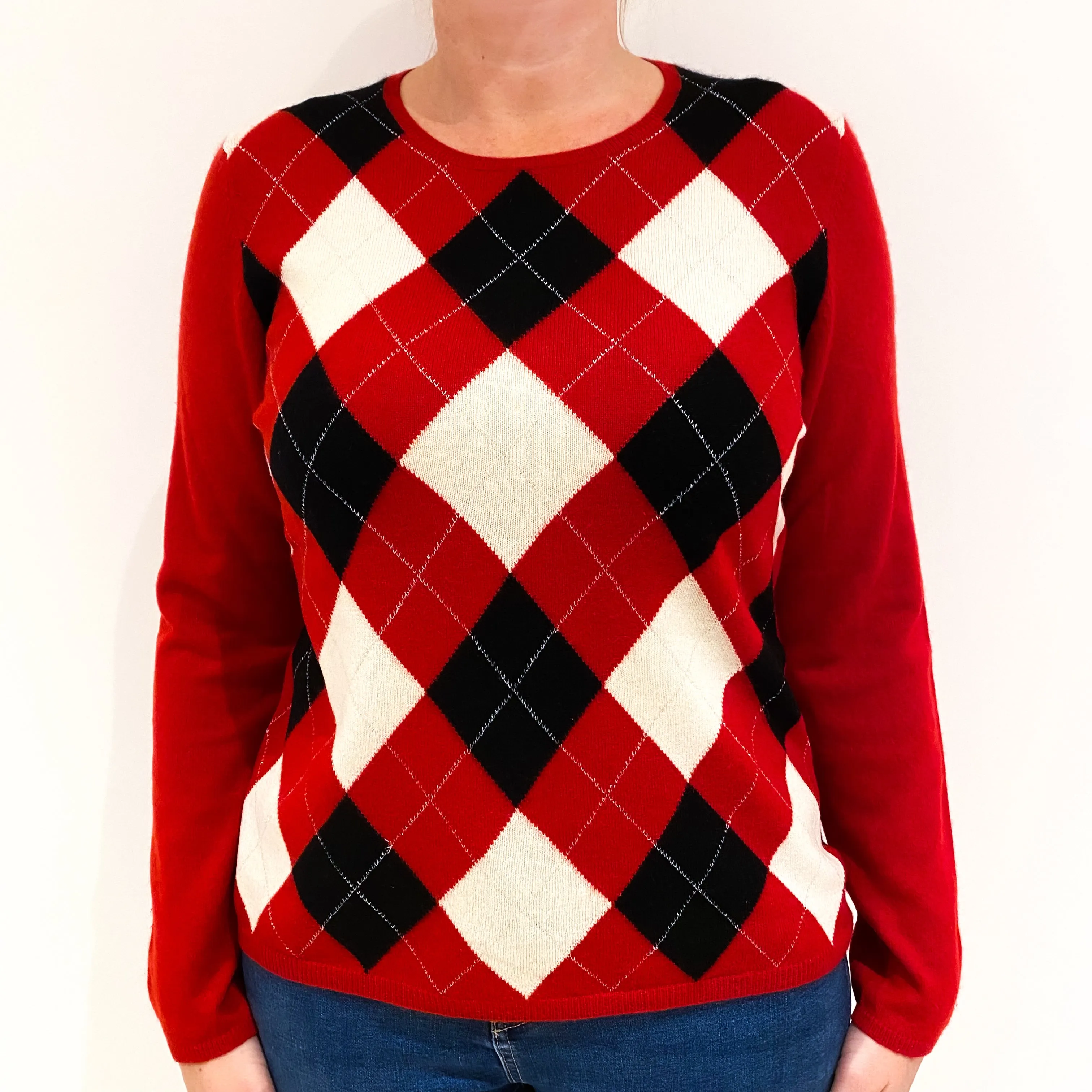 Crimson Red and Grey Argyle Cashmere Crew Neck Jumper Large
