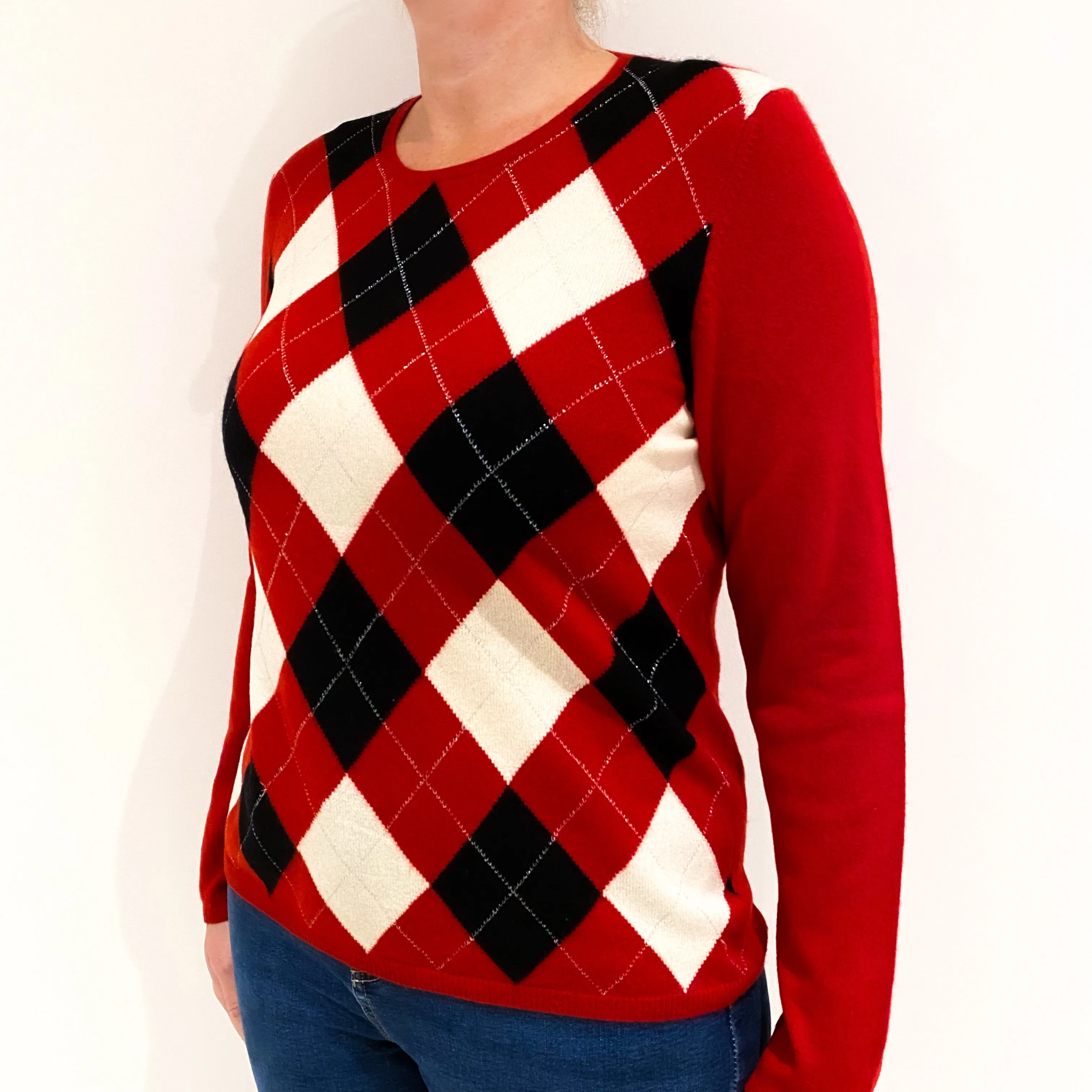 Crimson Red and Grey Argyle Cashmere Crew Neck Jumper Large