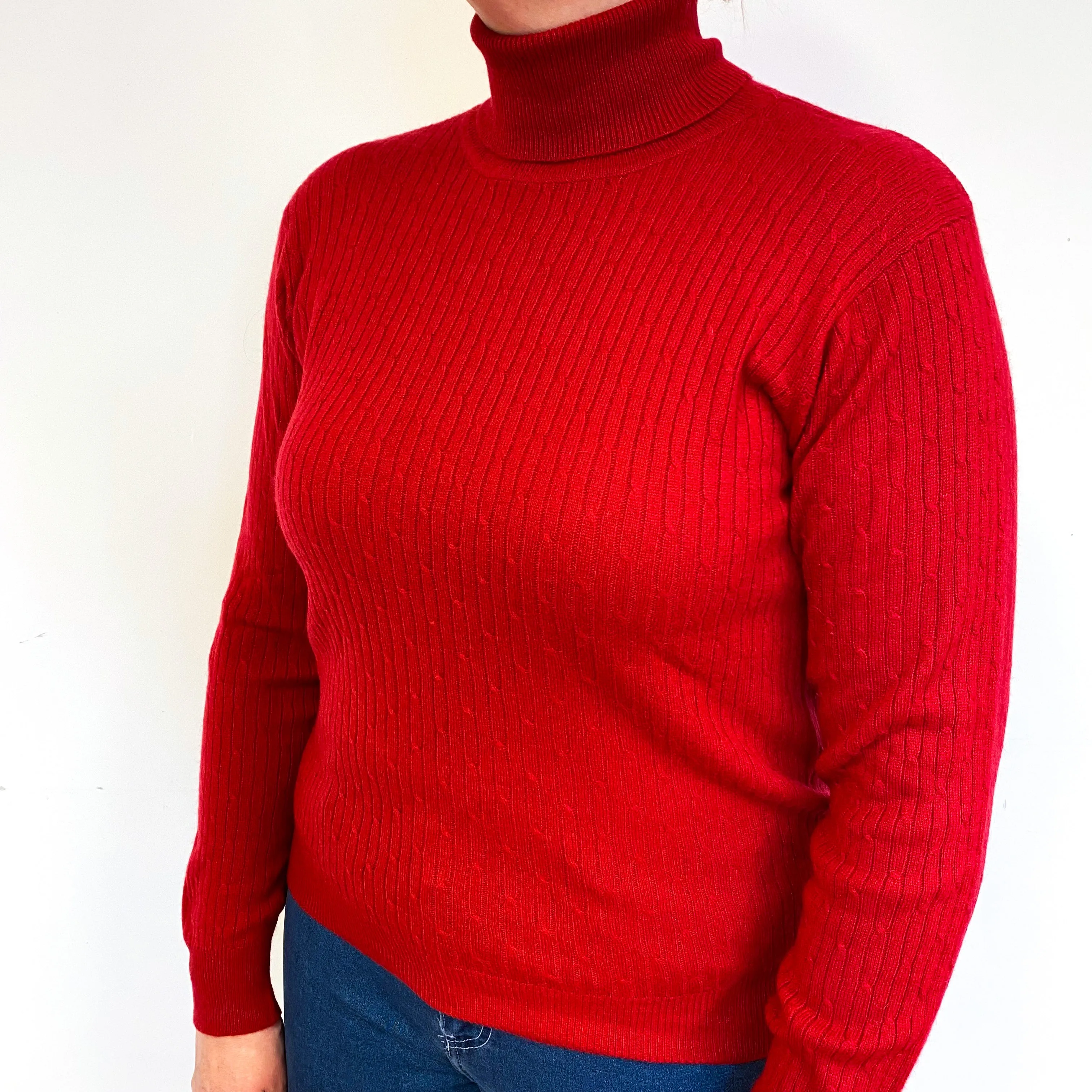 Crimson Red Cable Cashmere Polo Neck Jumper Large