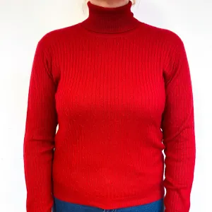 Crimson Red Cable Cashmere Polo Neck Jumper Large