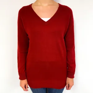 Crimson Red Longline Cashmere V-Neck Jumper Small
