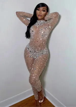 Crystals & Beads Embroidered Mesh Jumpsuit