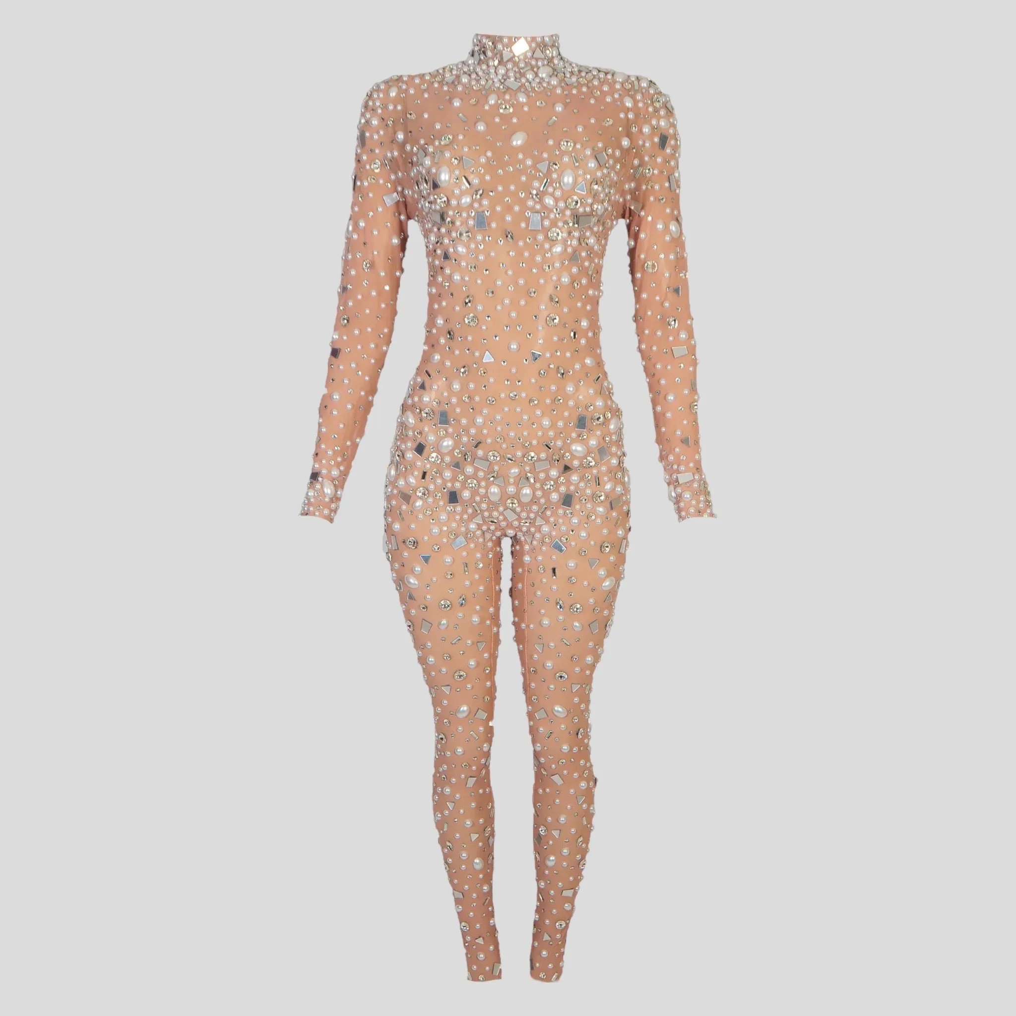 Crystals & Beads Embroidered Mesh Jumpsuit