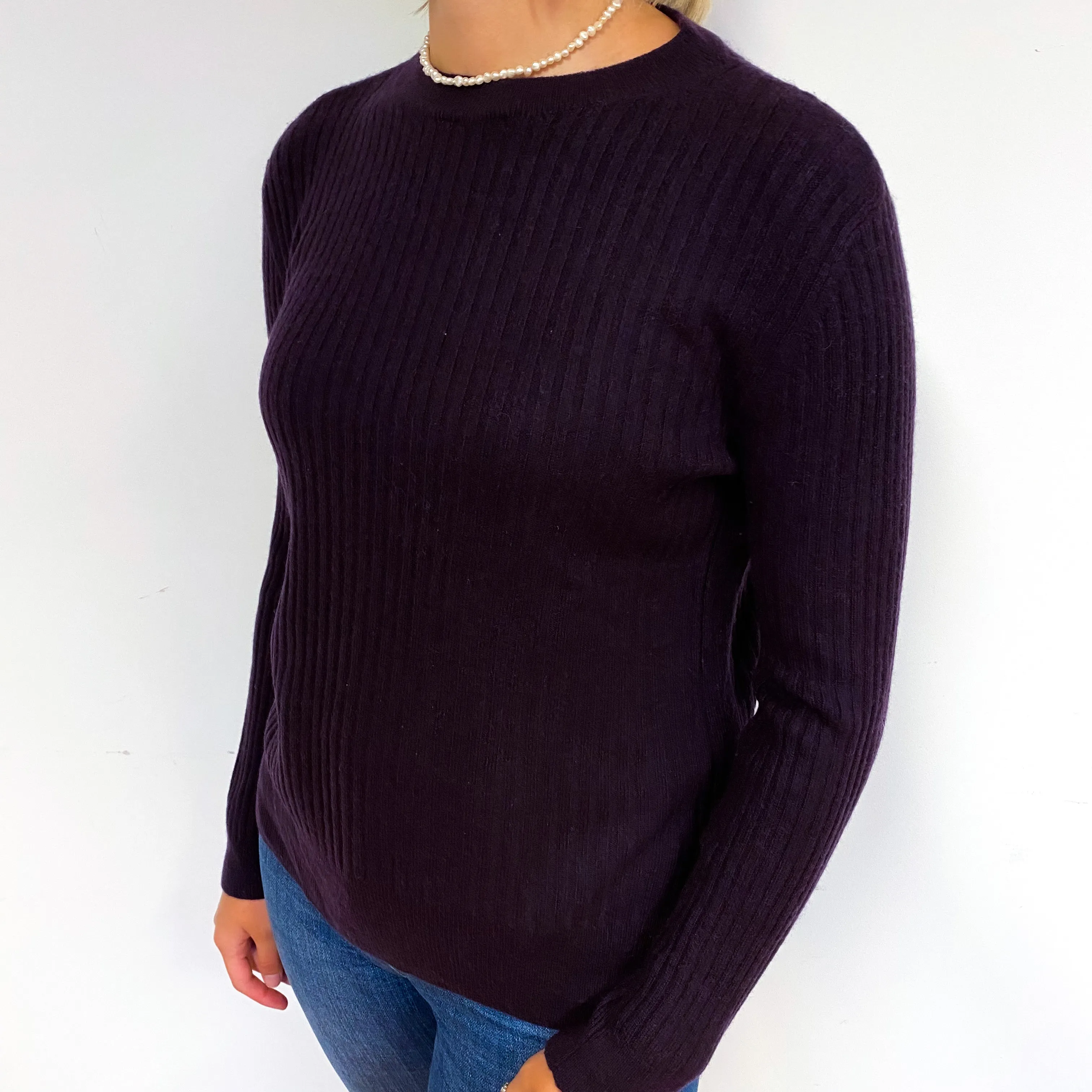 Dark Aubergine Purple Ribbed Cashmere Crew Neck Jumper Small