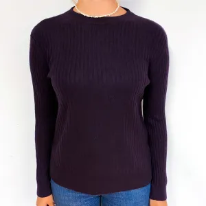 Dark Aubergine Purple Ribbed Cashmere Crew Neck Jumper Small