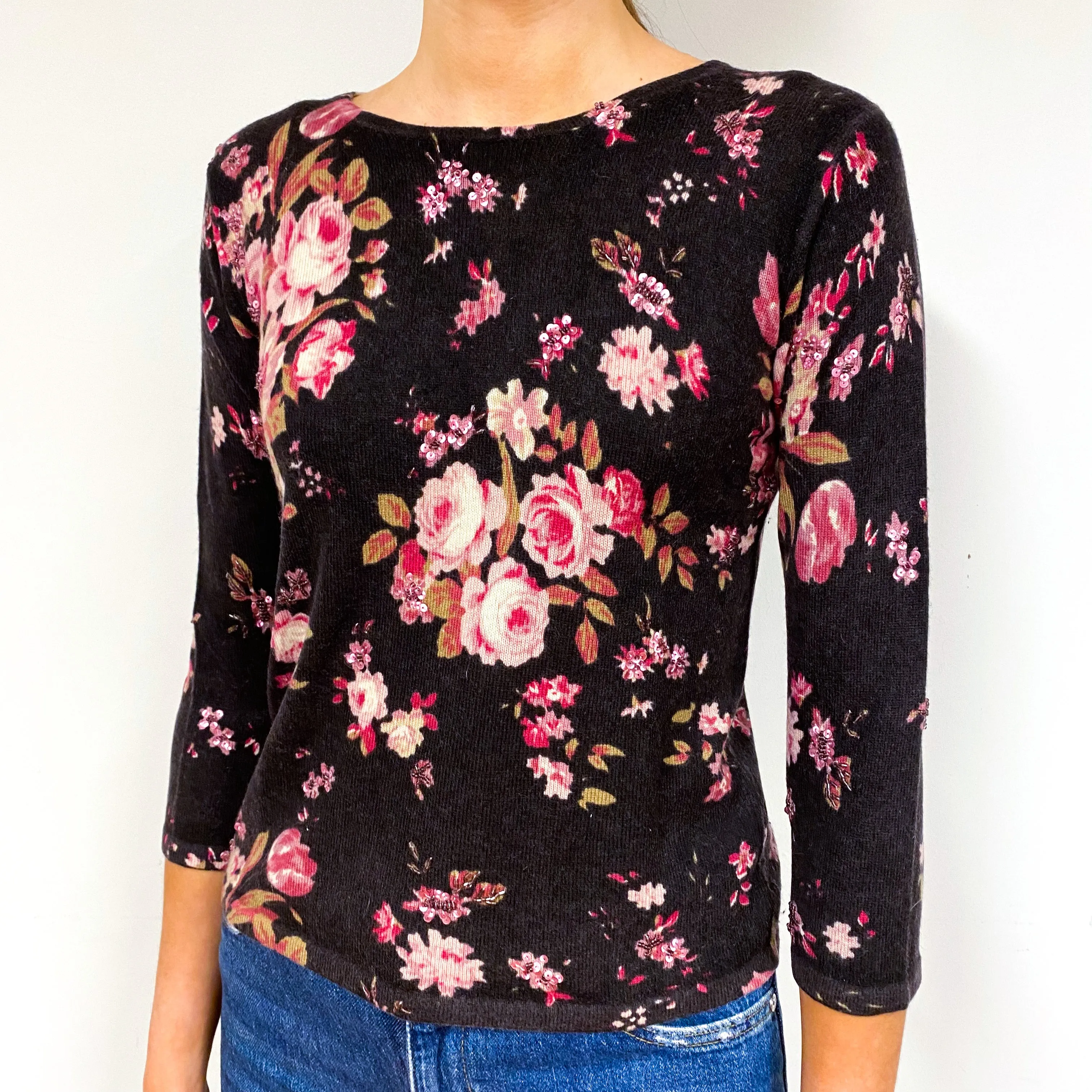 Dark Brown Floral Cashmere Crew Neck Jumper Extra Small
