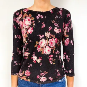 Dark Brown Floral Cashmere Crew Neck Jumper Extra Small