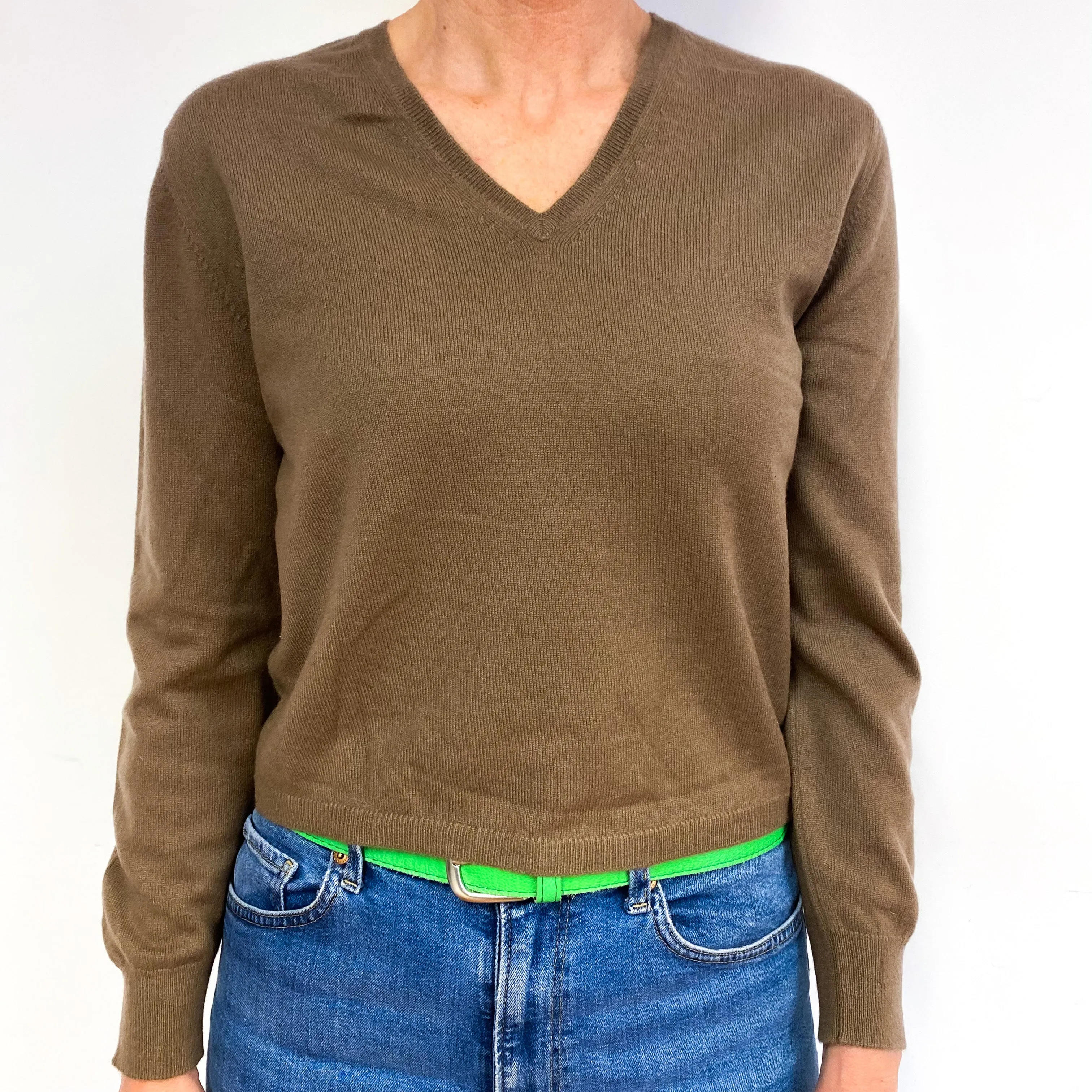 Dark Camel Brown Cashmere V-Neck Jumper Medium