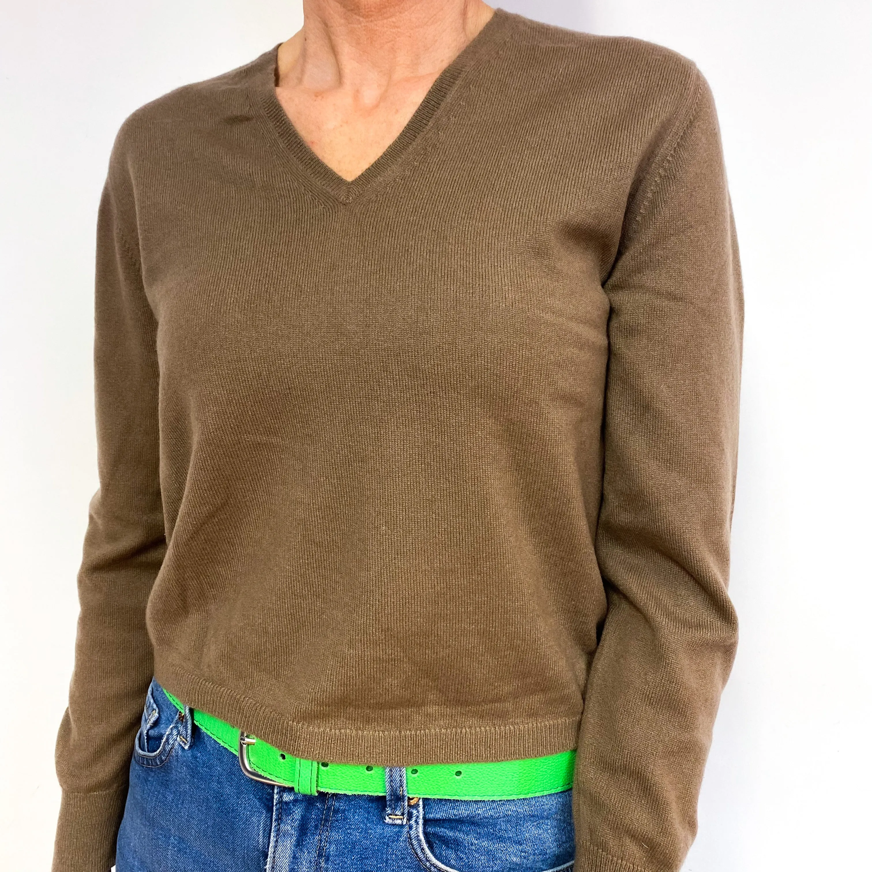 Dark Camel Brown Cashmere V-Neck Jumper Medium