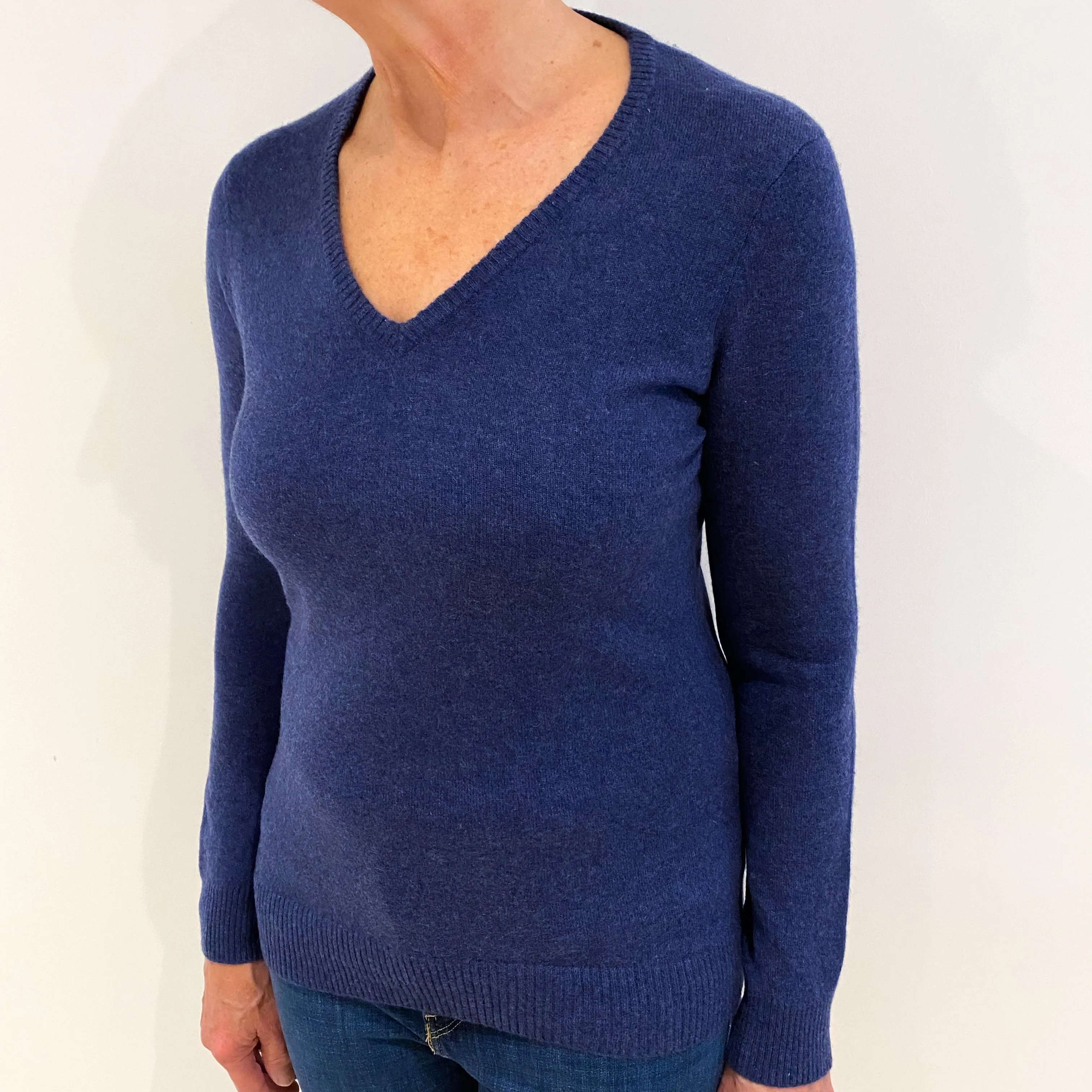 Dark Denim Blue Cashmere V Neck Jumper Medium