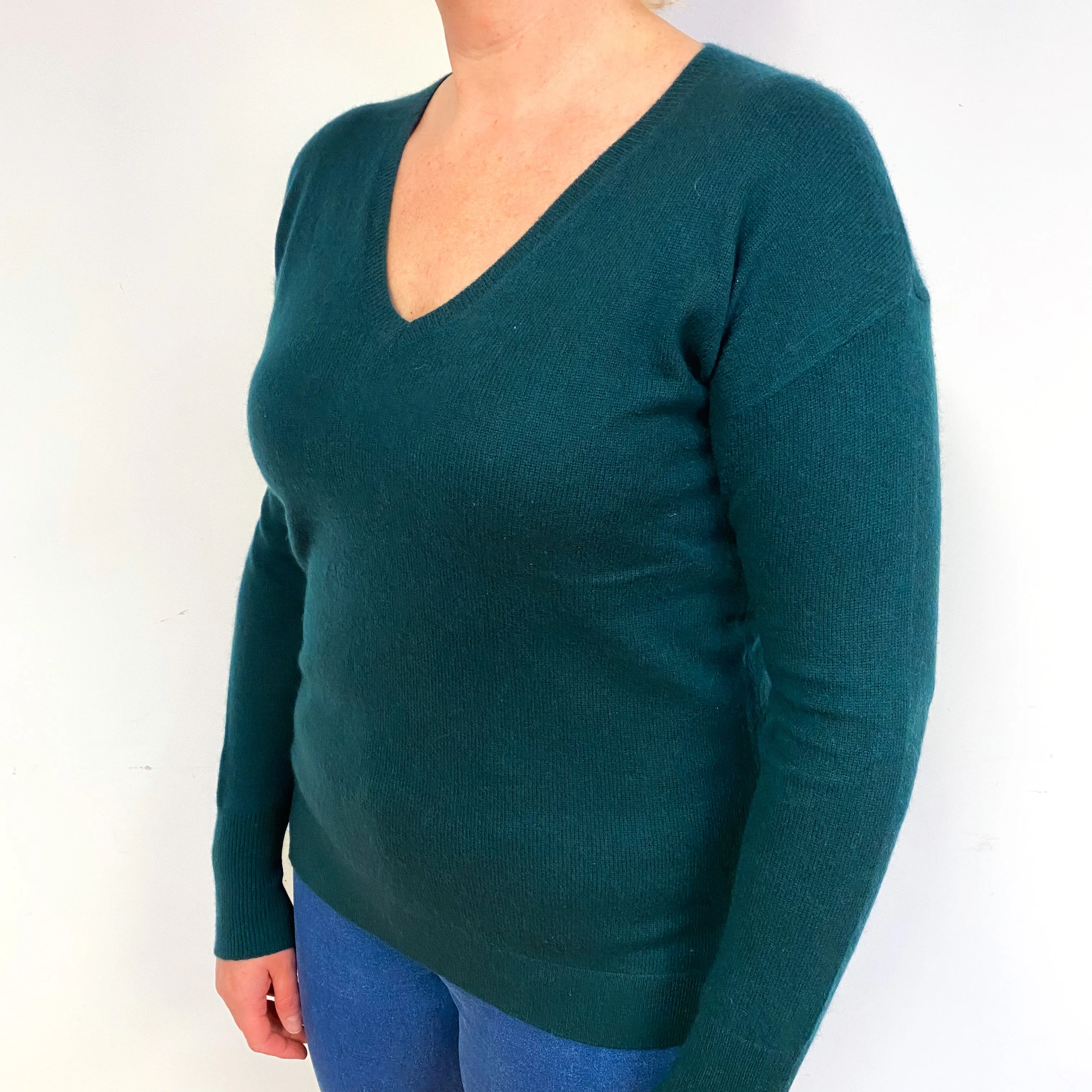 Dark Forest Green Cashmere V-Neck Jumper Large