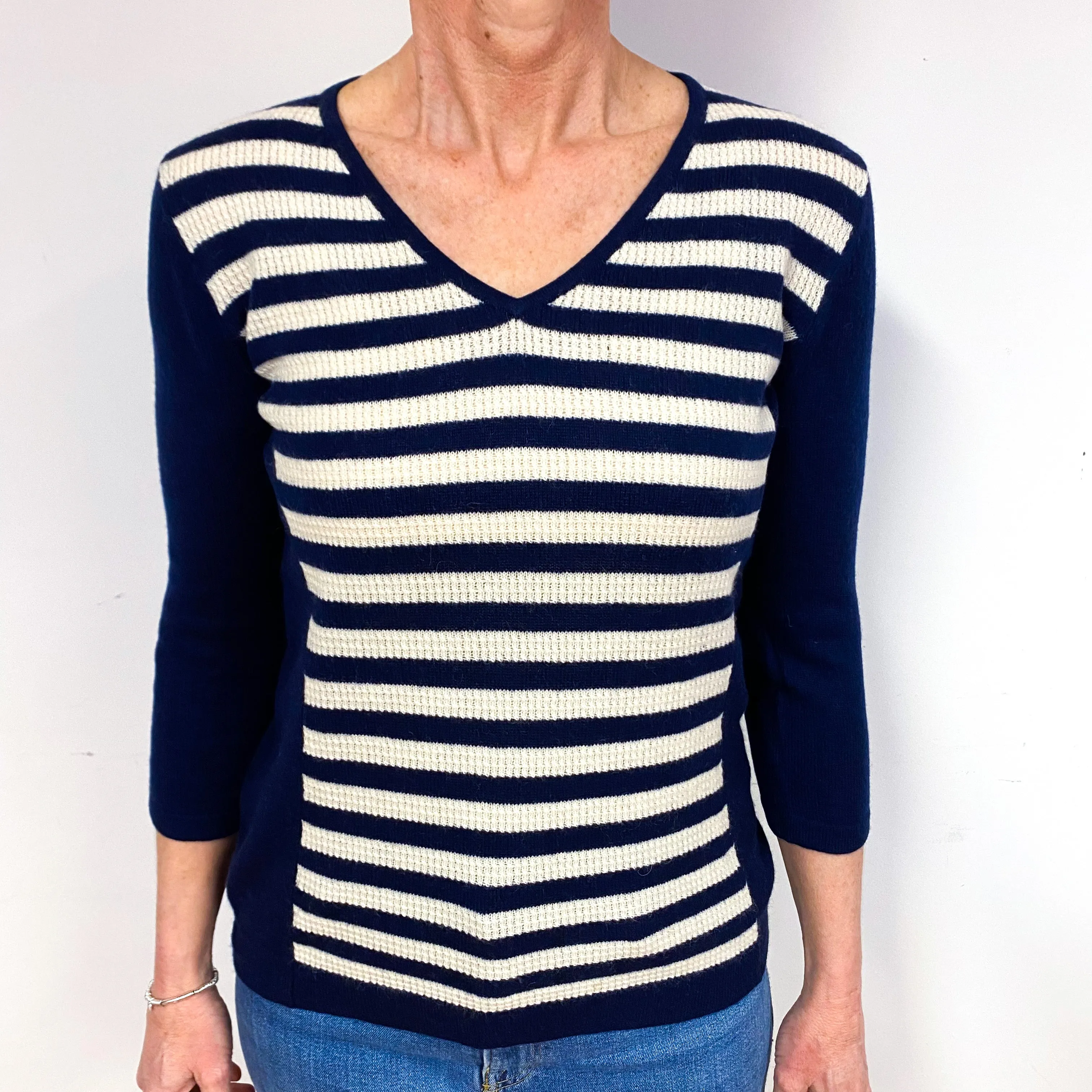 Dark Navy And Cream Cashmere V-Neck Jumper Medium